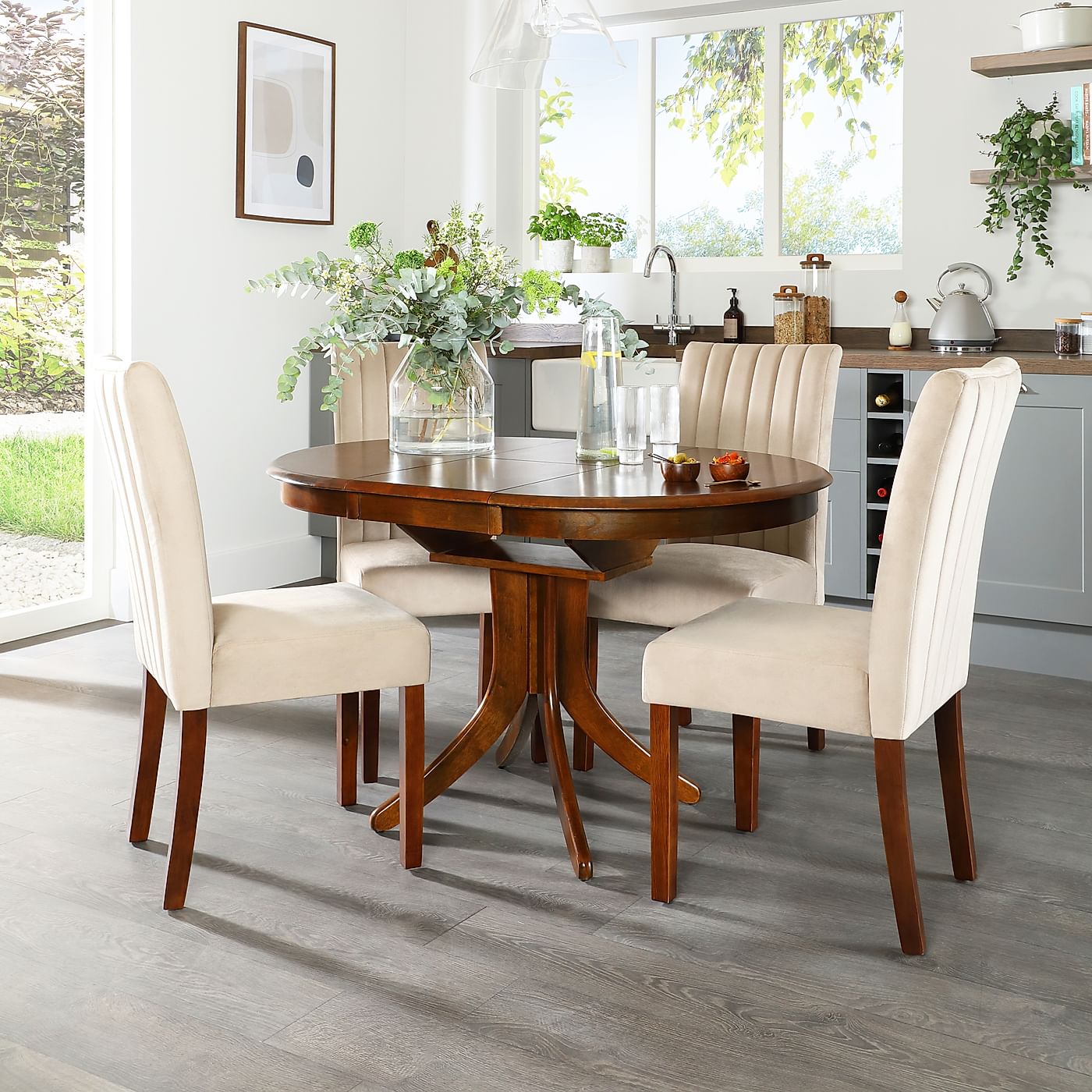 Hudson Round Dark Wood Extending Dining Table with 4 ...