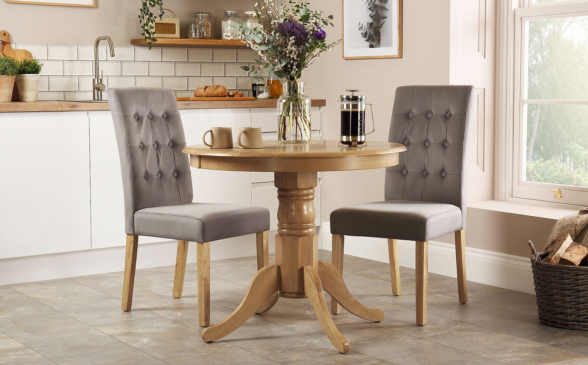Kingston Round Oak Dining Table with 2 Regent Grey Velvet Chairs ...
