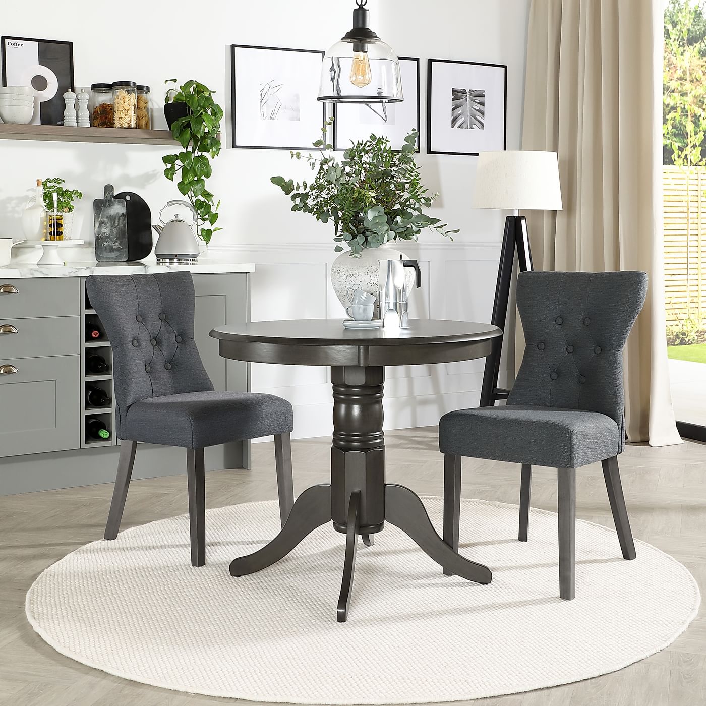 Kingston Round Grey Wood Dining Table with 2 Bewley Slate ...