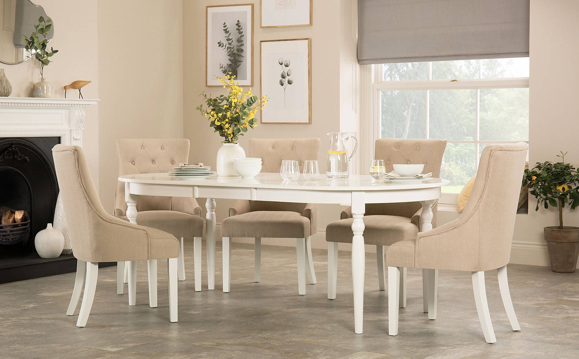 Albany Oval White Extending Dining Table with 6 Duke Oatmeal Chairs Furniture Choice