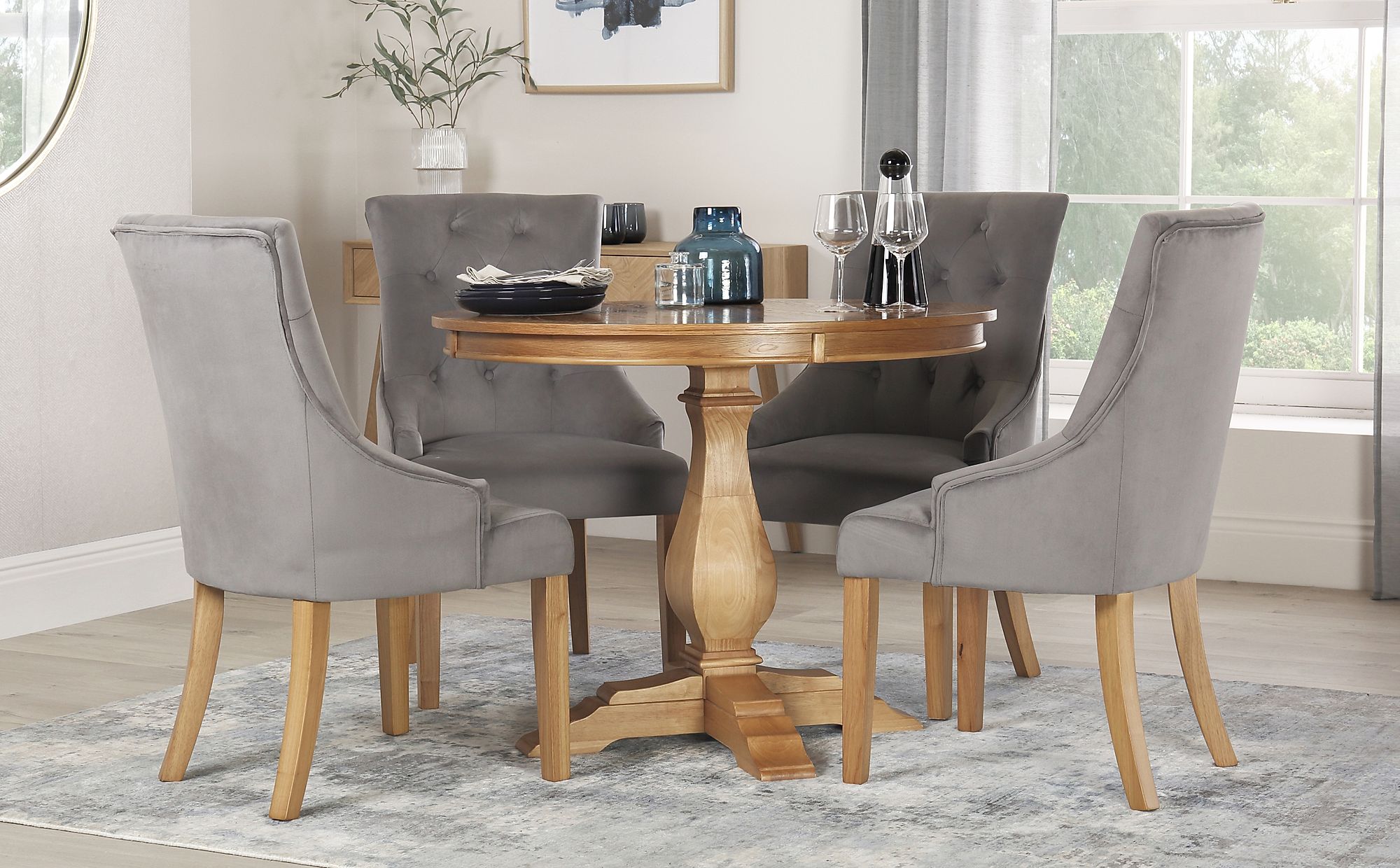 Cavendish Round Oak Dining Table with 4 Duke Grey Velvet Chairs
