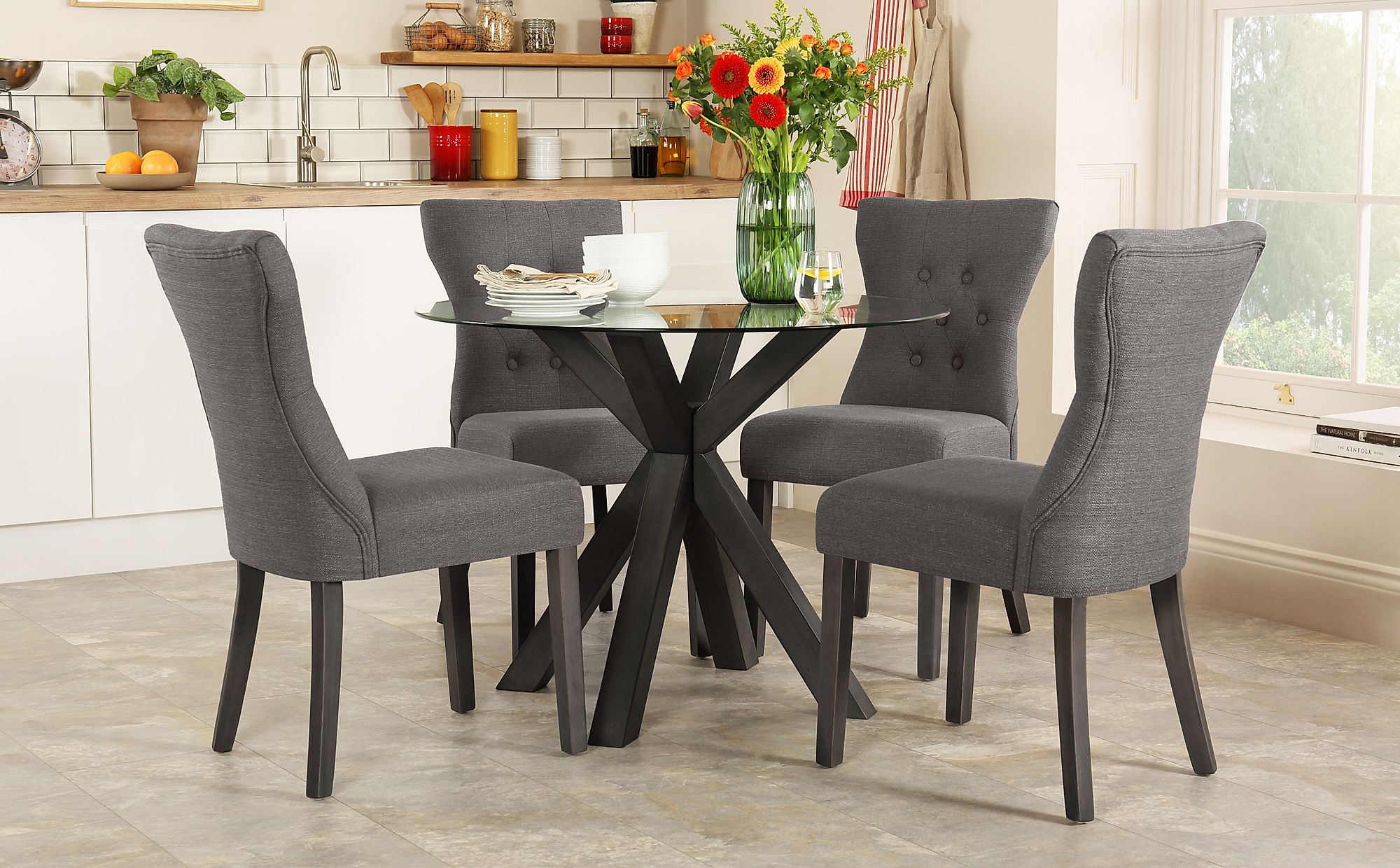 Hatton Round Grey Wood and Glass Dining Table with 4 Bewley Slate