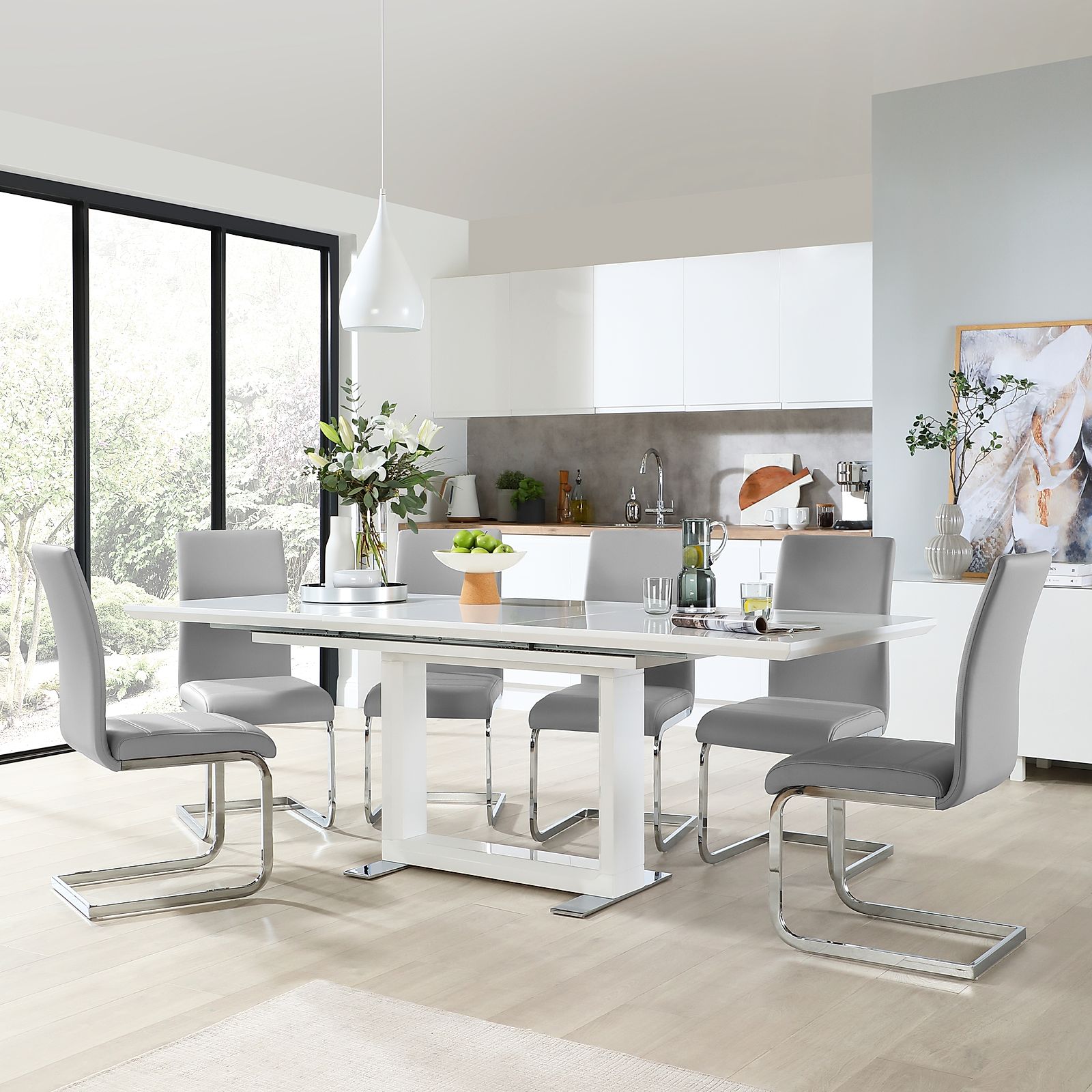 Tokyo White High Gloss Extending Dining Table with 8 Perth Light Grey