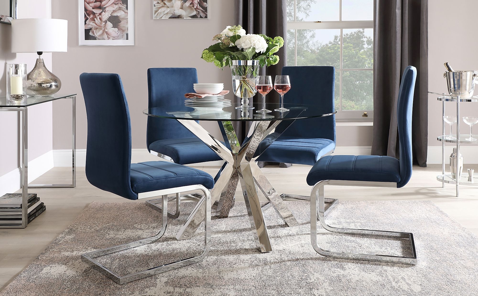 Plaza Round Chrome And Glass Dining Table With Perth Blue Velvet | My ...
