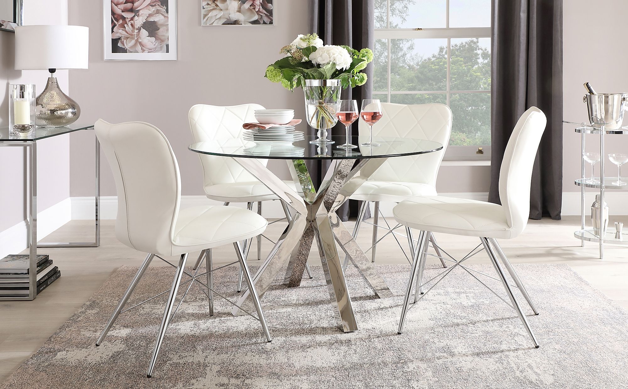 Plaza Round Chrome and Glass Dining Table with 4 Lucca White Leather