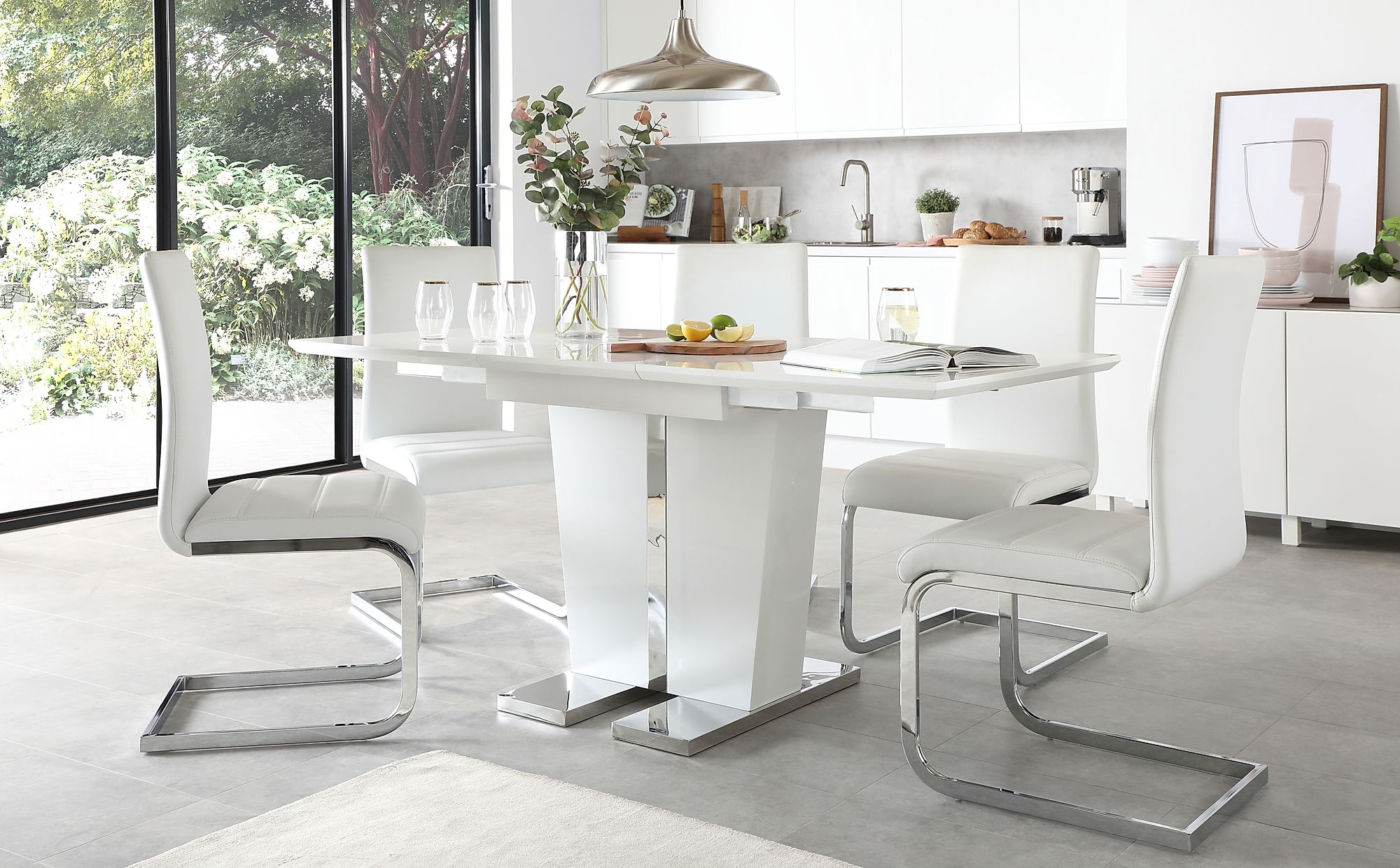 Vienna White High Gloss Extending Dining Table with 6 Perth White