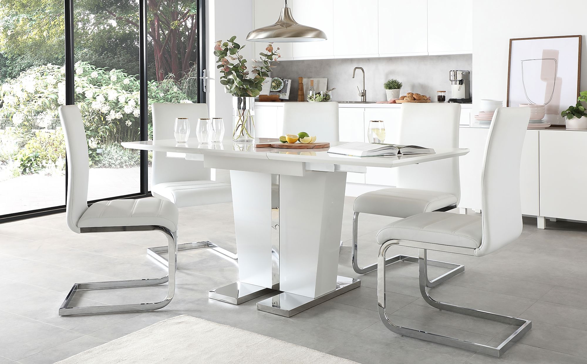 Vienna White High Gloss Extending Dining Table with 6 Perth White