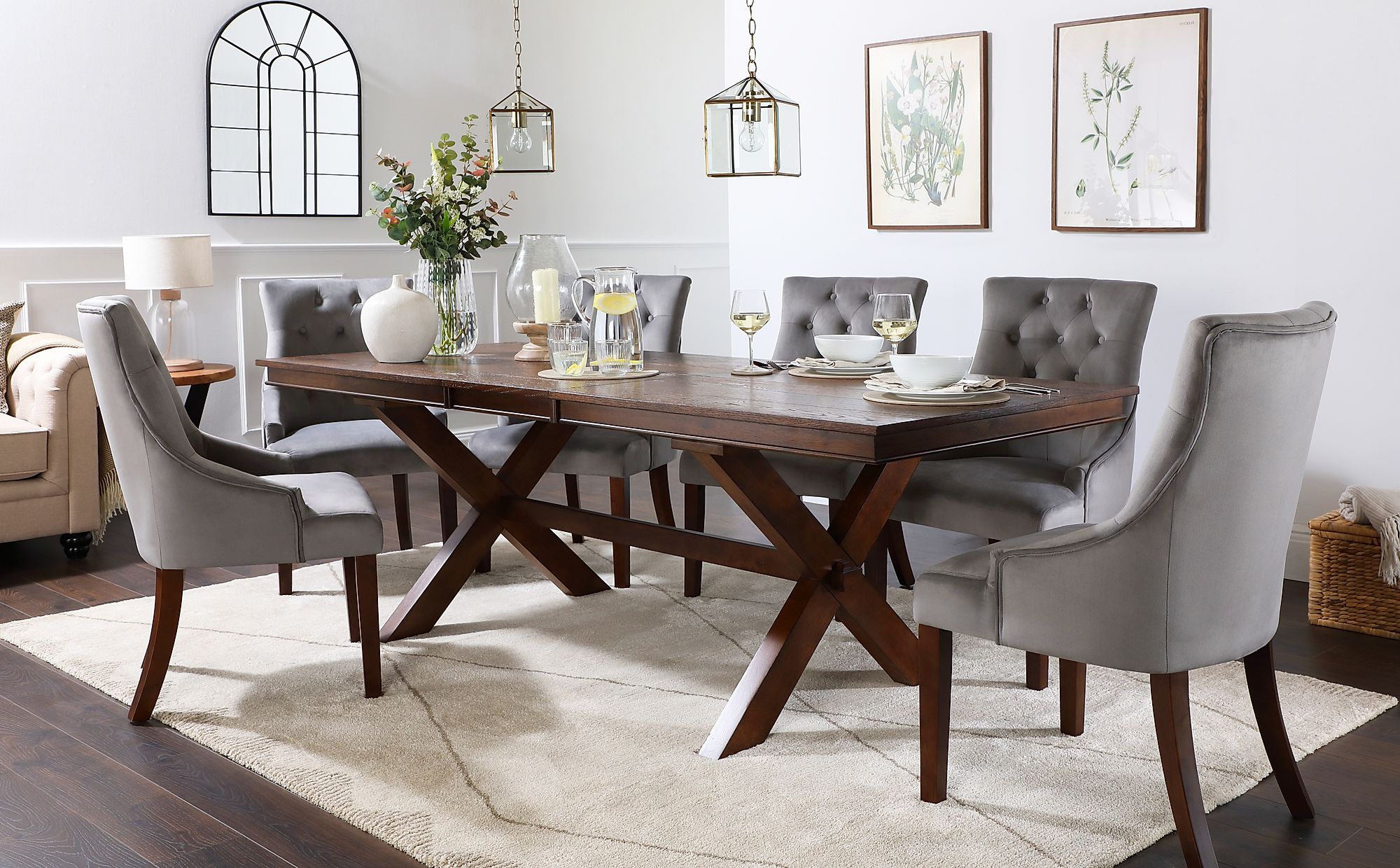 Grange Dark Wood Extending Dining Table with 8 Duke Grey Velvet Chairs