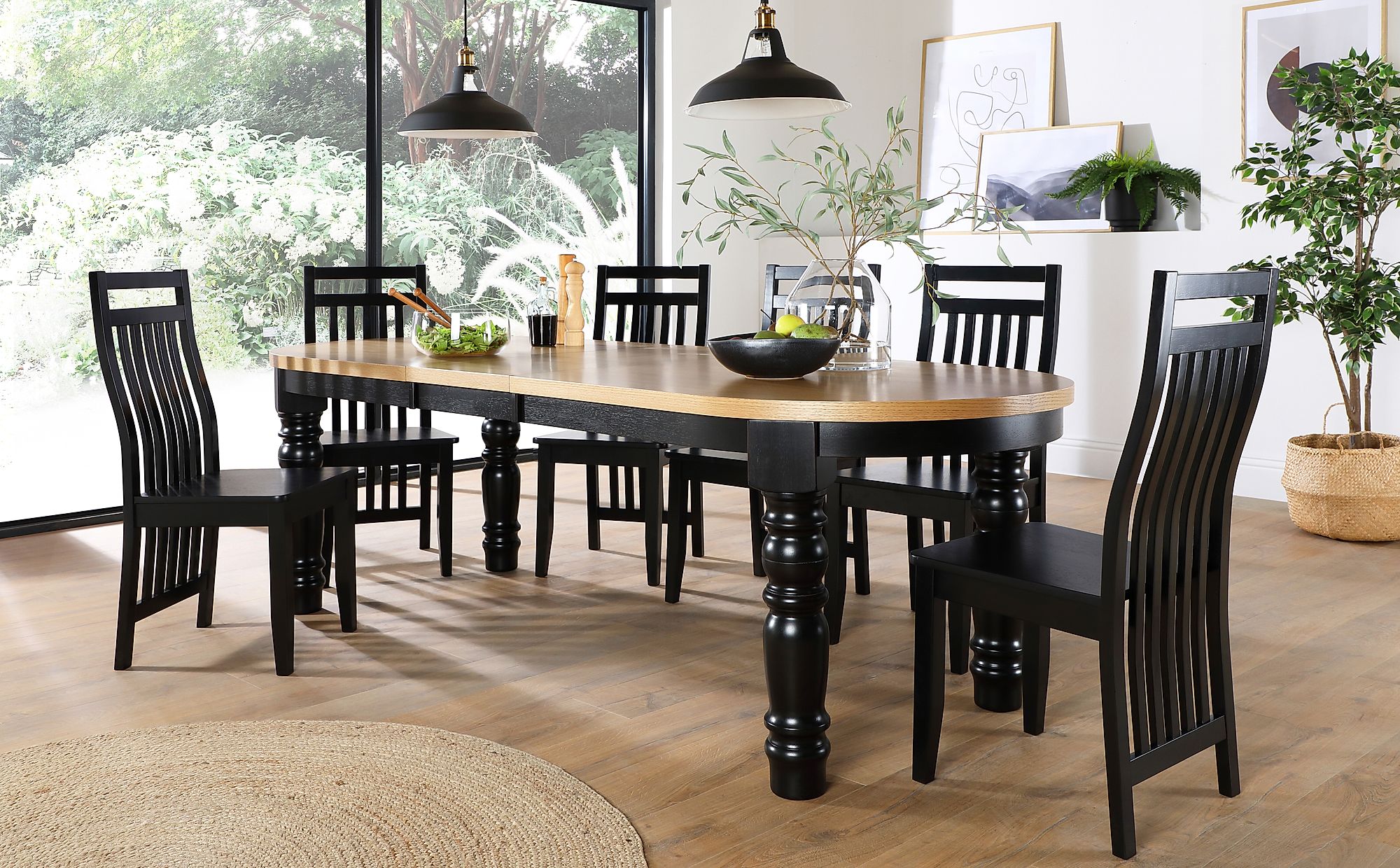 Manor Oval Painted Black and Oak Extending Dining Table with 8 Java