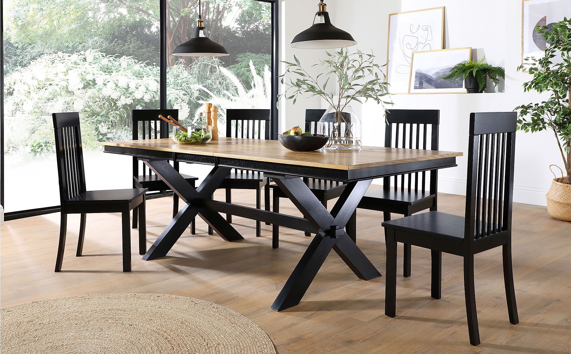 Grange Painted Black and Oak Extending Dining Table with 4 Oxford Black
