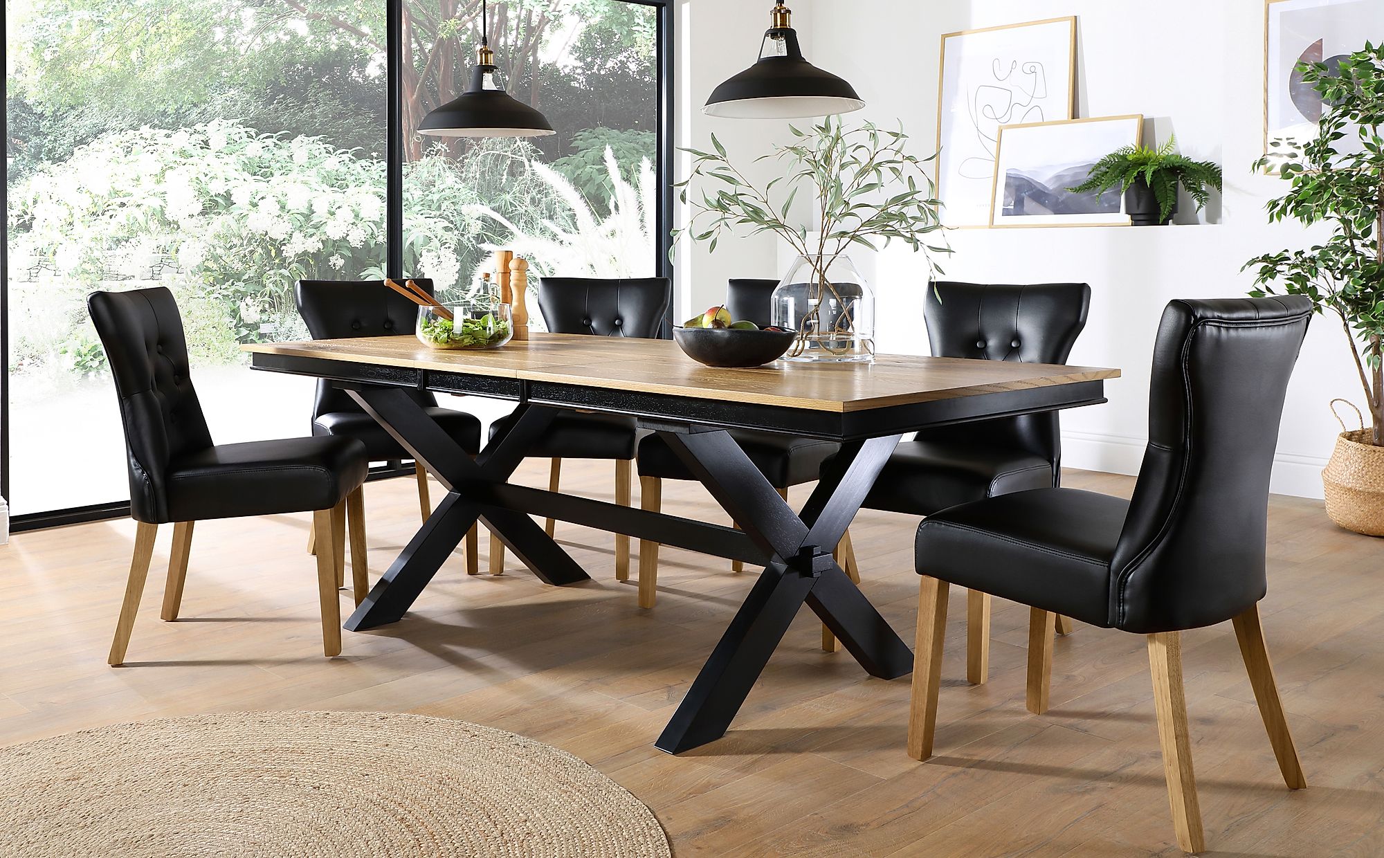 Grange Painted Black and Oak Extending Dining Table with 6 Bewley Black