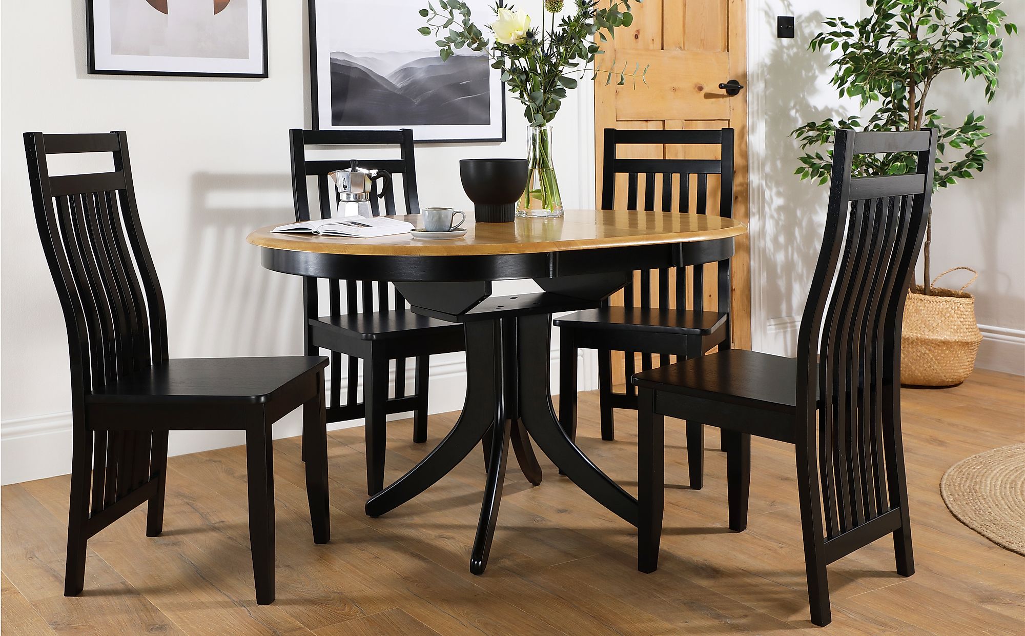 Hudson Round Painted Black and Oak Extending Dining Table with 6 Java