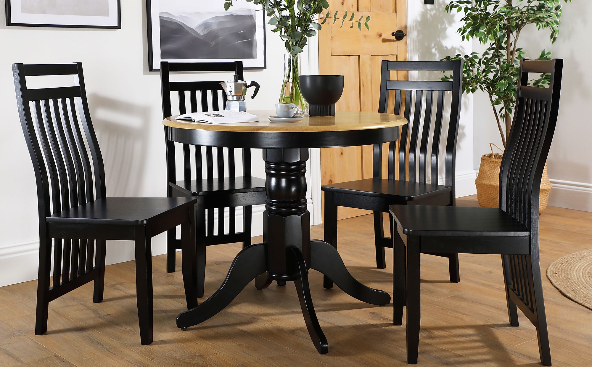 Kingston Round Painted Black and Oak Dining Table with 4