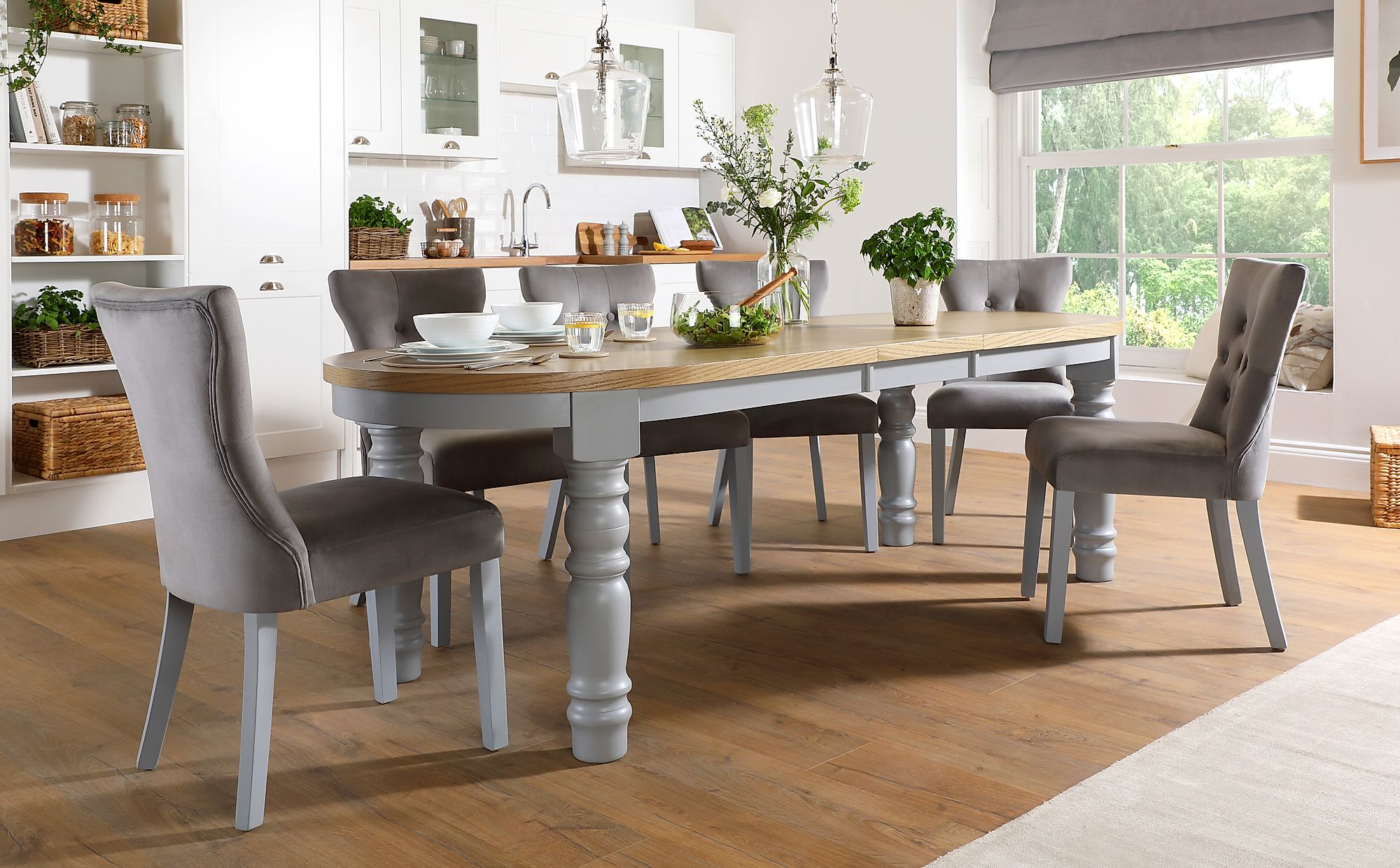 Manor Oval Painted Grey and Oak Extending Dining Table with 6 Bewley