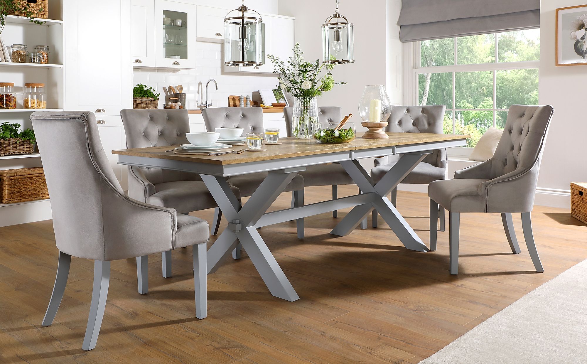 Grange Painted Grey and Oak Extending Dining Table With 6 Duke Grey