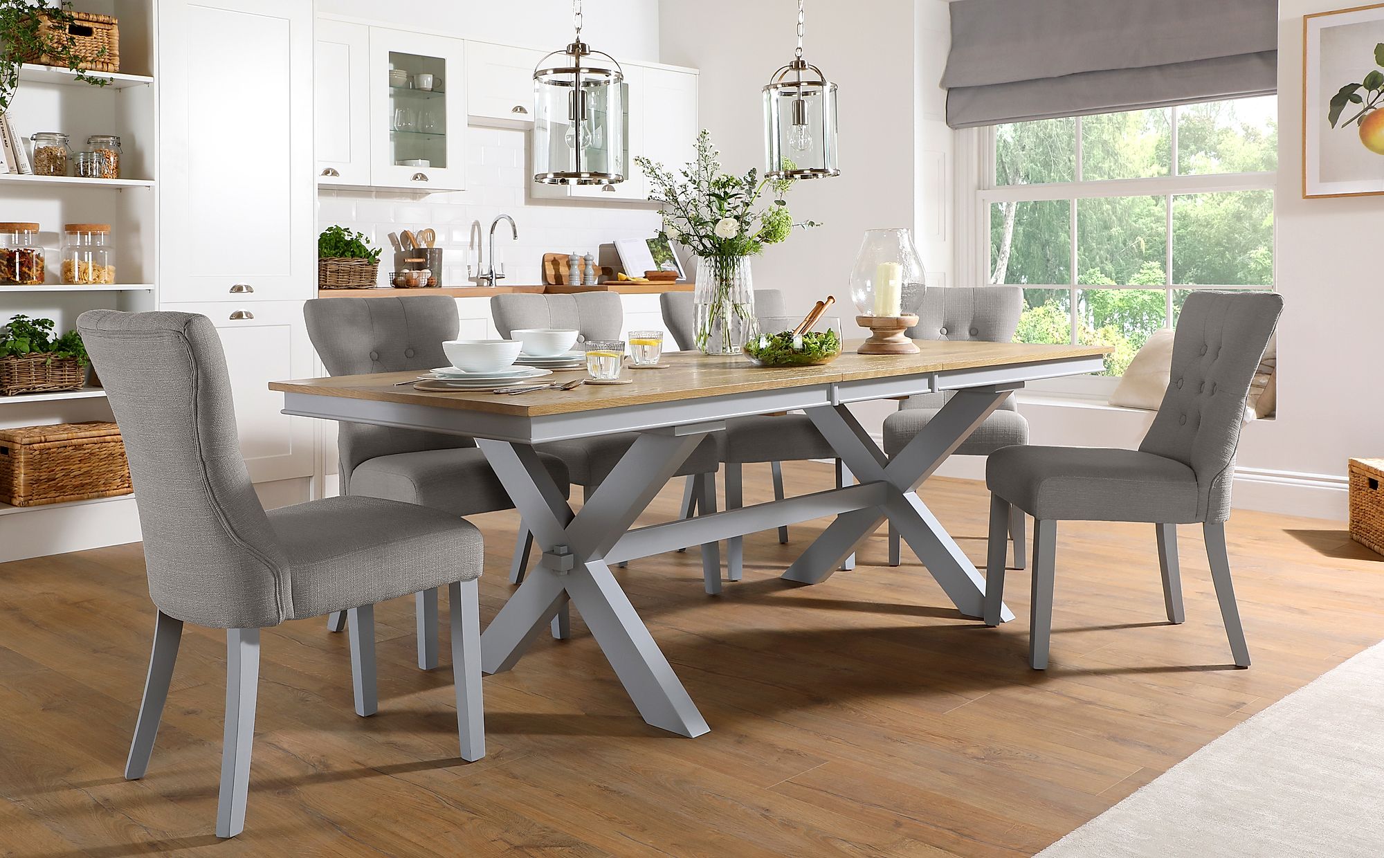Grange Painted Grey And Oak Extending Dining Table With 6 Bewley Light Grey Fabric Chairs Furniture Choice