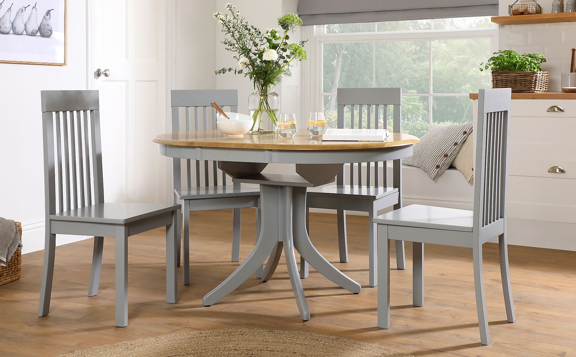 Hudson Round Painted Grey and Oak Extending Dining Table with 4 Oxford