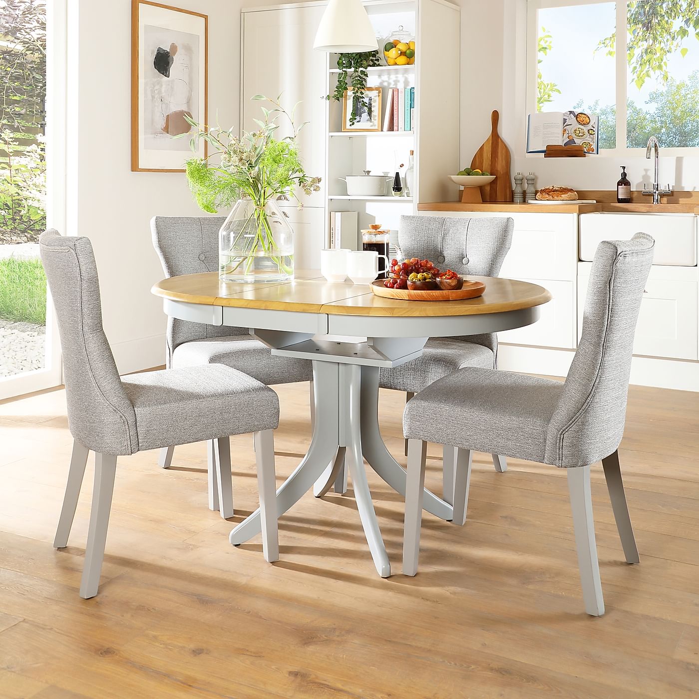 Hudson Round Painted Grey and Oak Extending Dining Table with 4 Bewley