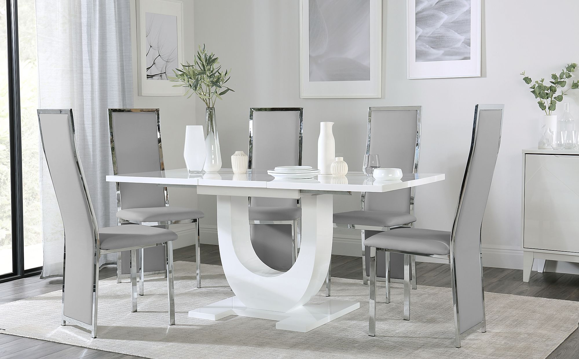 Oslo White High Gloss Extending Dining Table with 4 Celeste Light Grey ...
 High Dining Room Tables