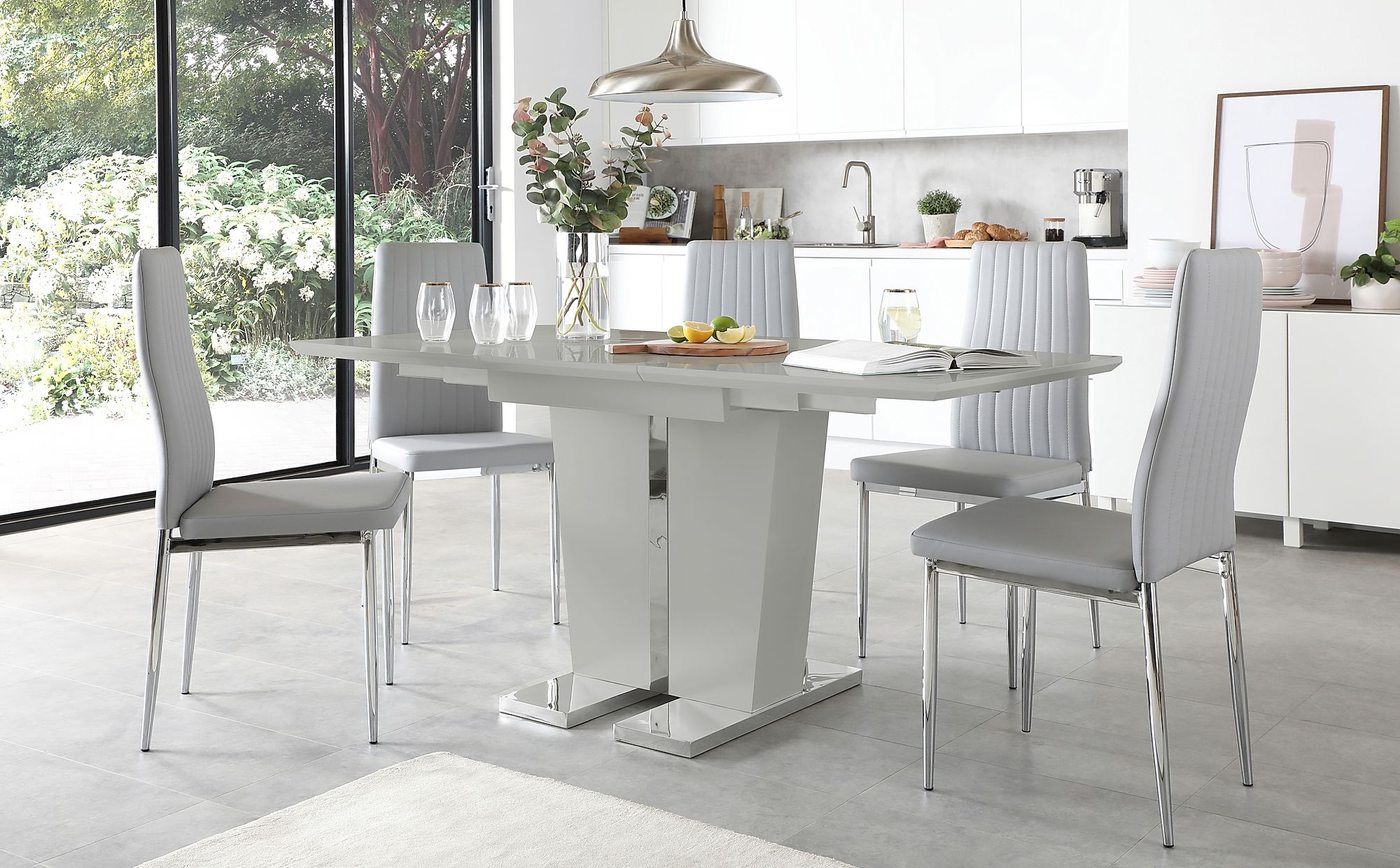 Vienna Grey High Gloss Extending Dining Table with 4 Leon Light Grey