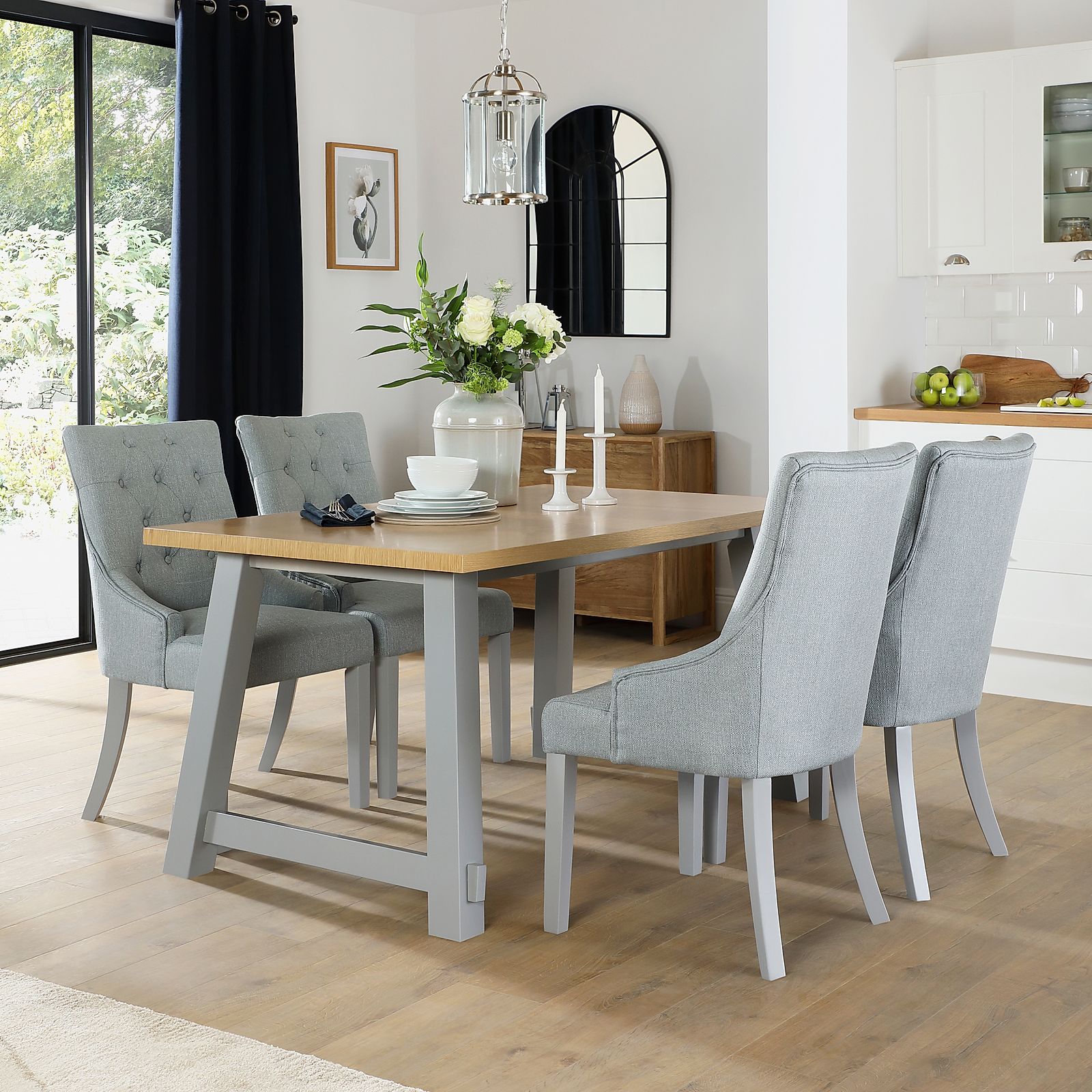 Croft Painted Grey and Oak Dining Table with 4 Duke Light Grey Fabric