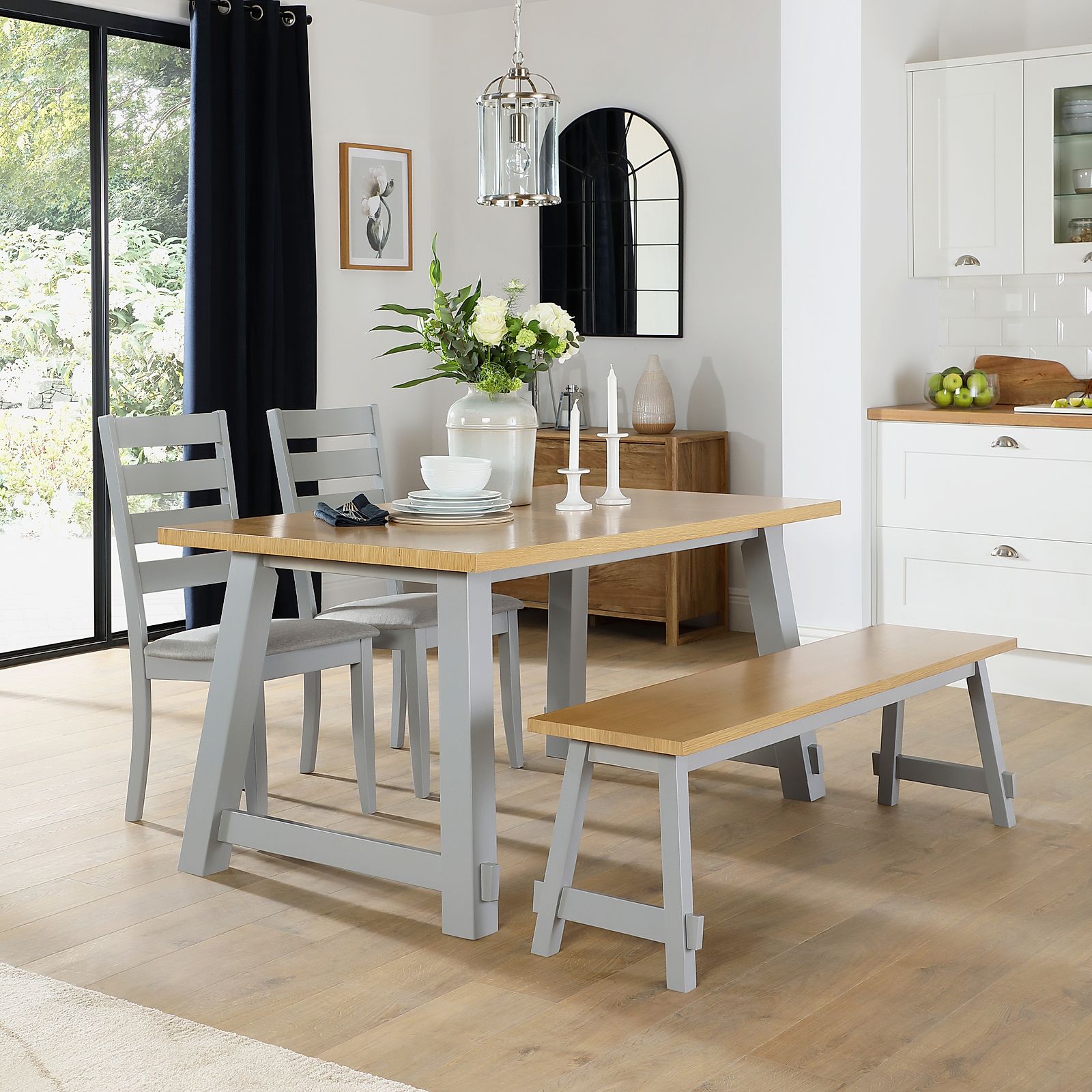 Croft Painted Grey and Oak Dining Table and Bench with 2 Grove Chairs