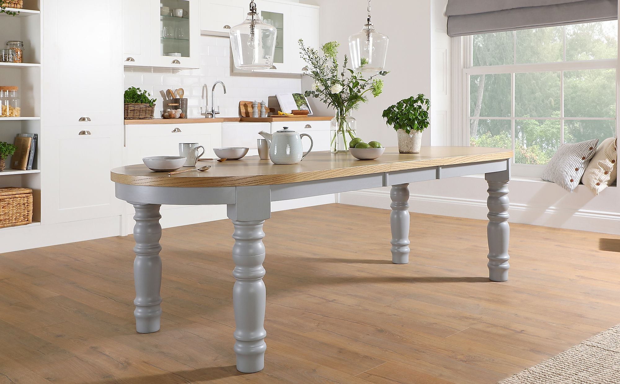 Manor Oval Painted Grey and Oak 200-240cm Extending Dining Table