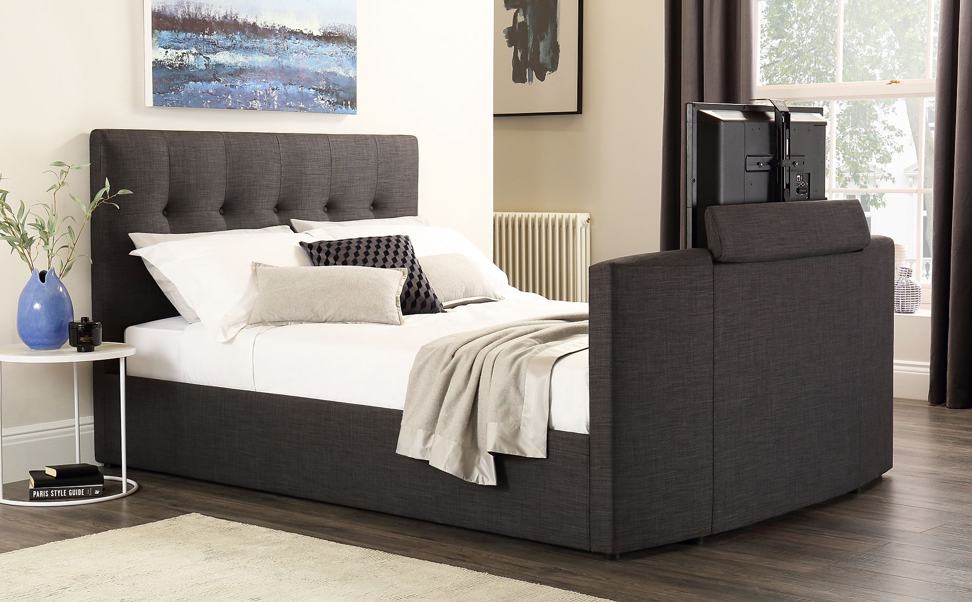 Langham Slate Grey Fabric Tv Bed King Size