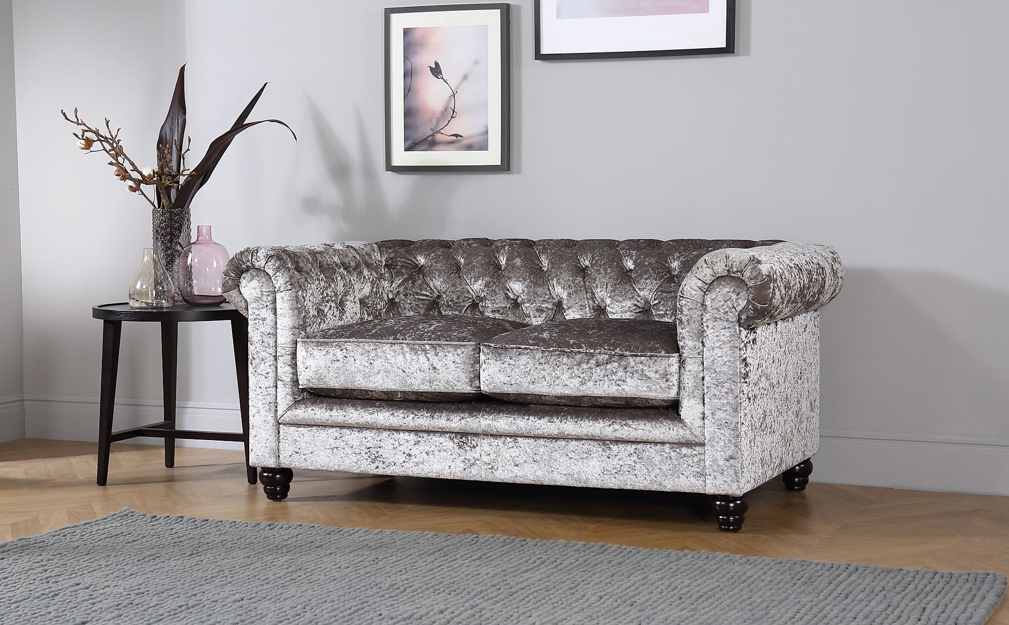 Hampton Silver Crushed Velvet 2 Seater Chesterfield Sofa | Furniture Choice