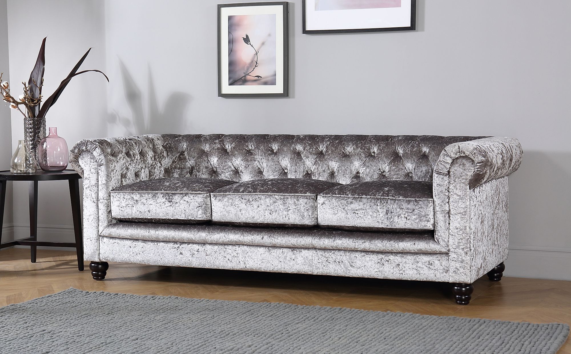 Hampton Silver Crushed Velvet 3 Seater Chesterfield Sofa Furniture Choice