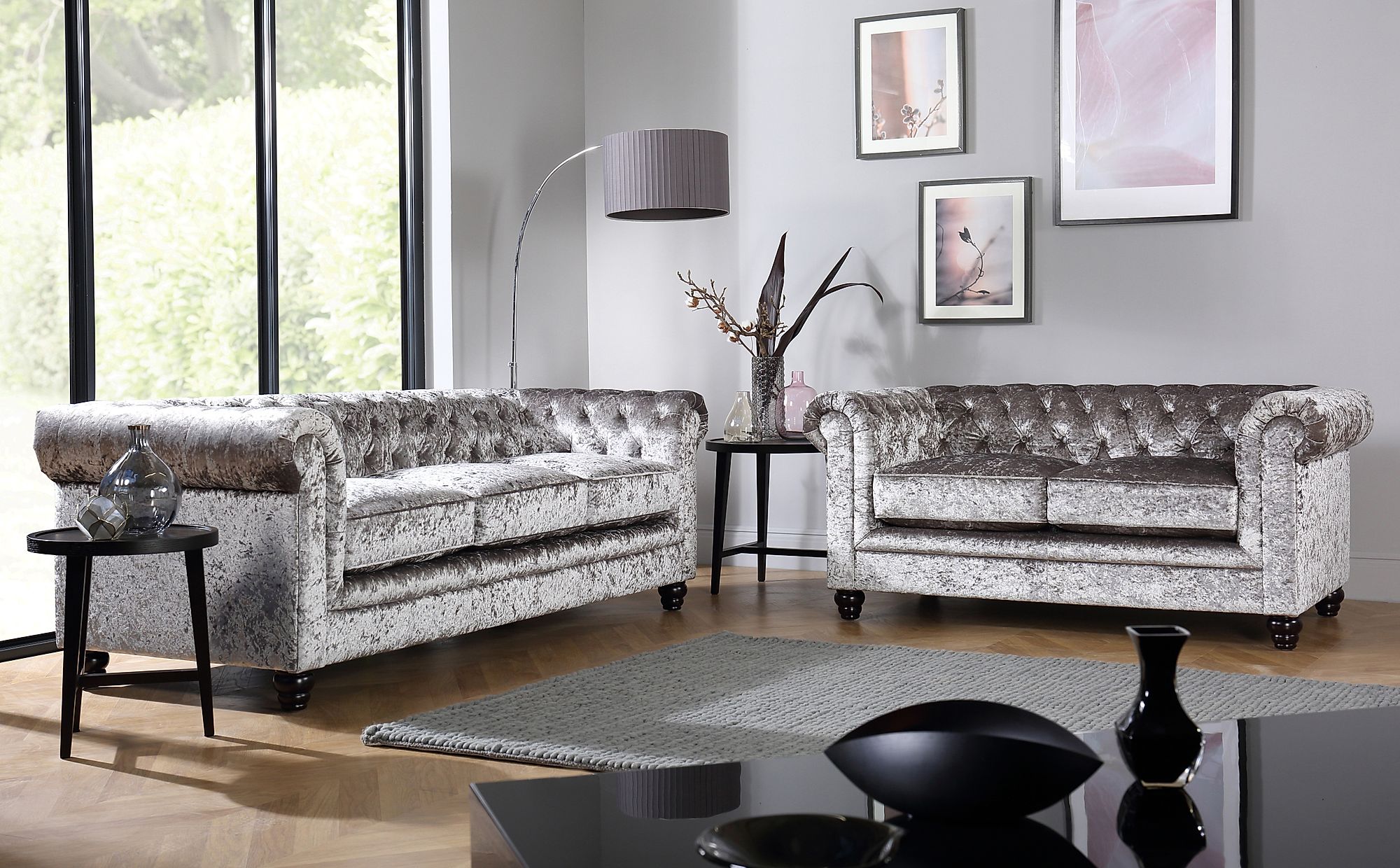 Hampton Silver Crushed Velvet 3+2 Seater Chesterfield Sofa Set