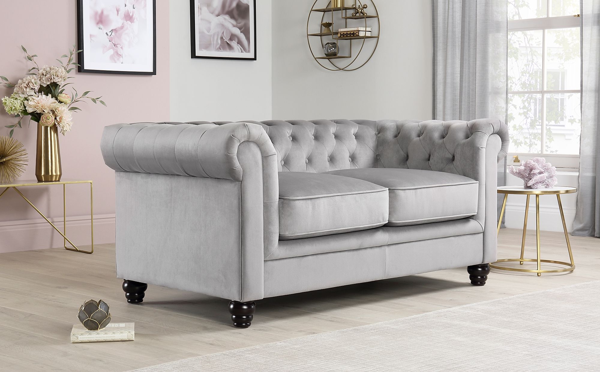 Hampton Grey Velvet 2 Seater Chesterfield Sofa | Furniture Choice