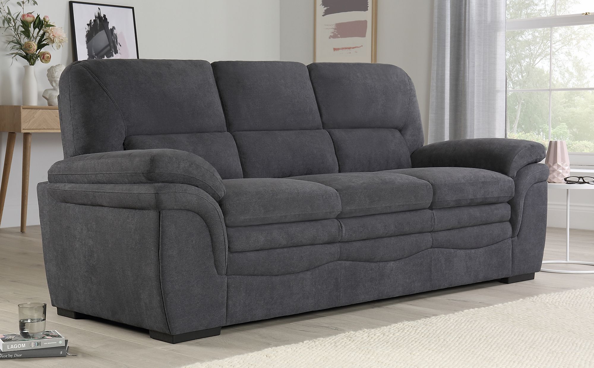 Sutton Slate Grey Plush Fabric 3 Seater Sofa | Furniture Choice