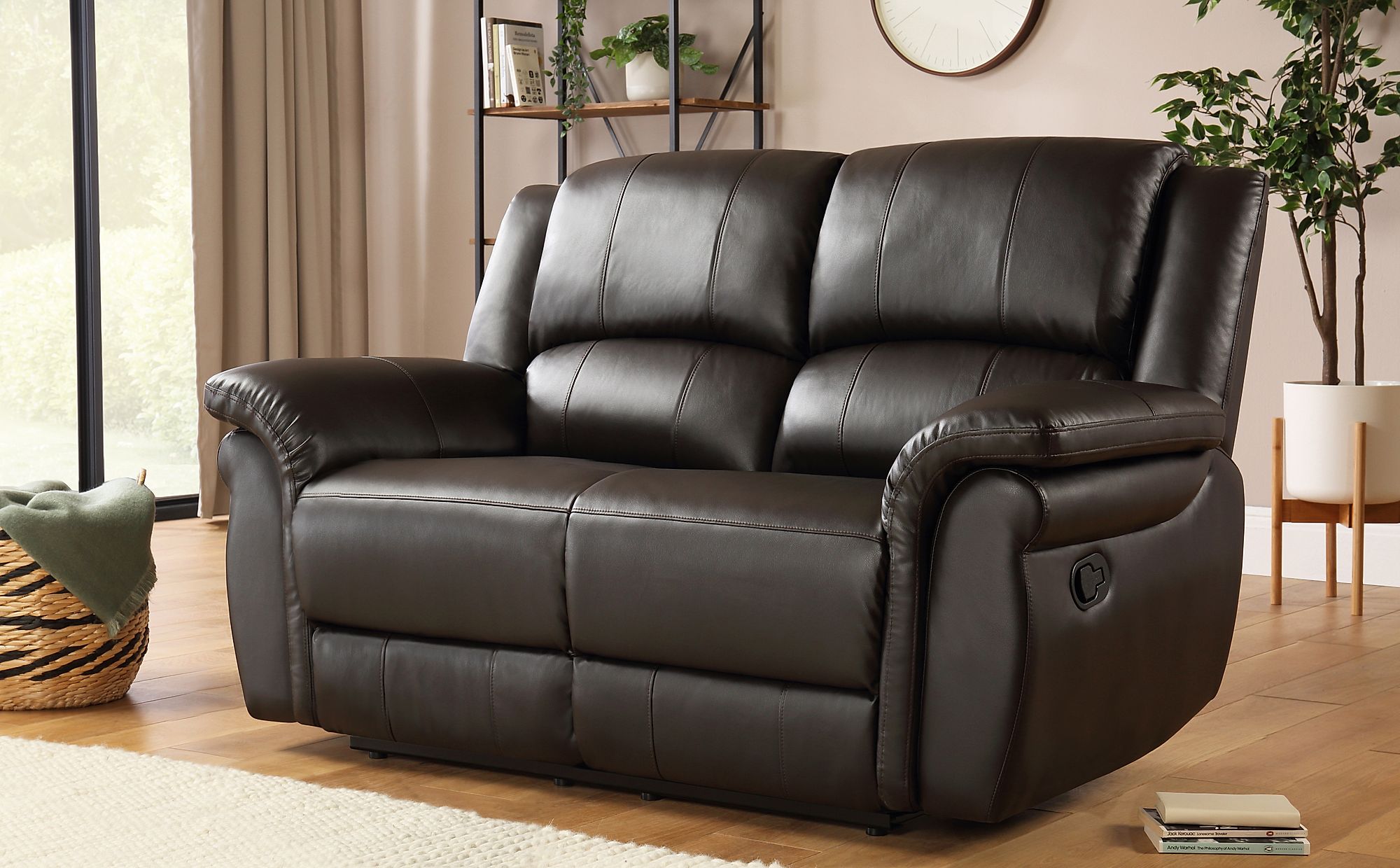 2 seater brown leather recliner sofa