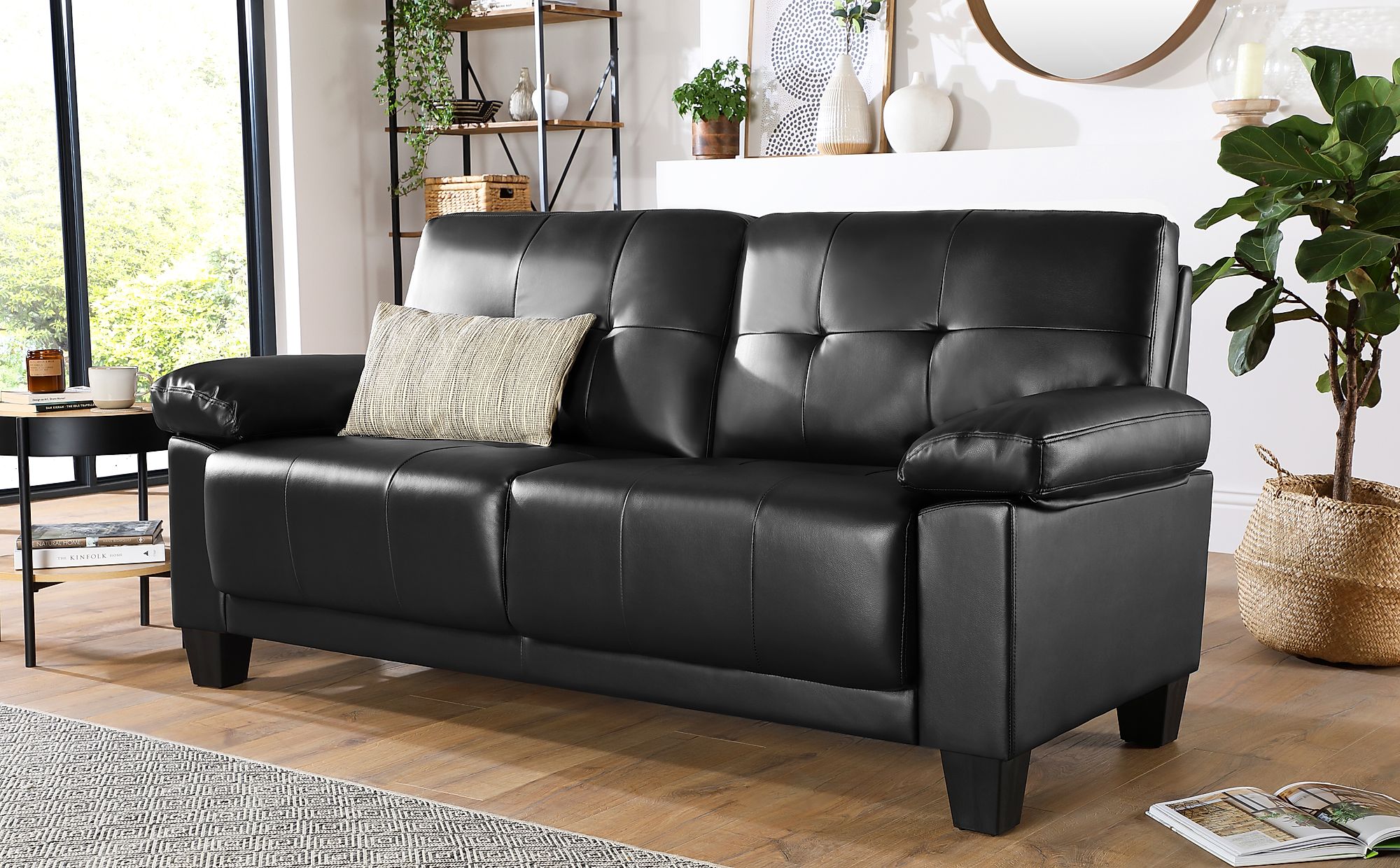Linton Small Black Leather 3 Seater Sofa Furniture Choice