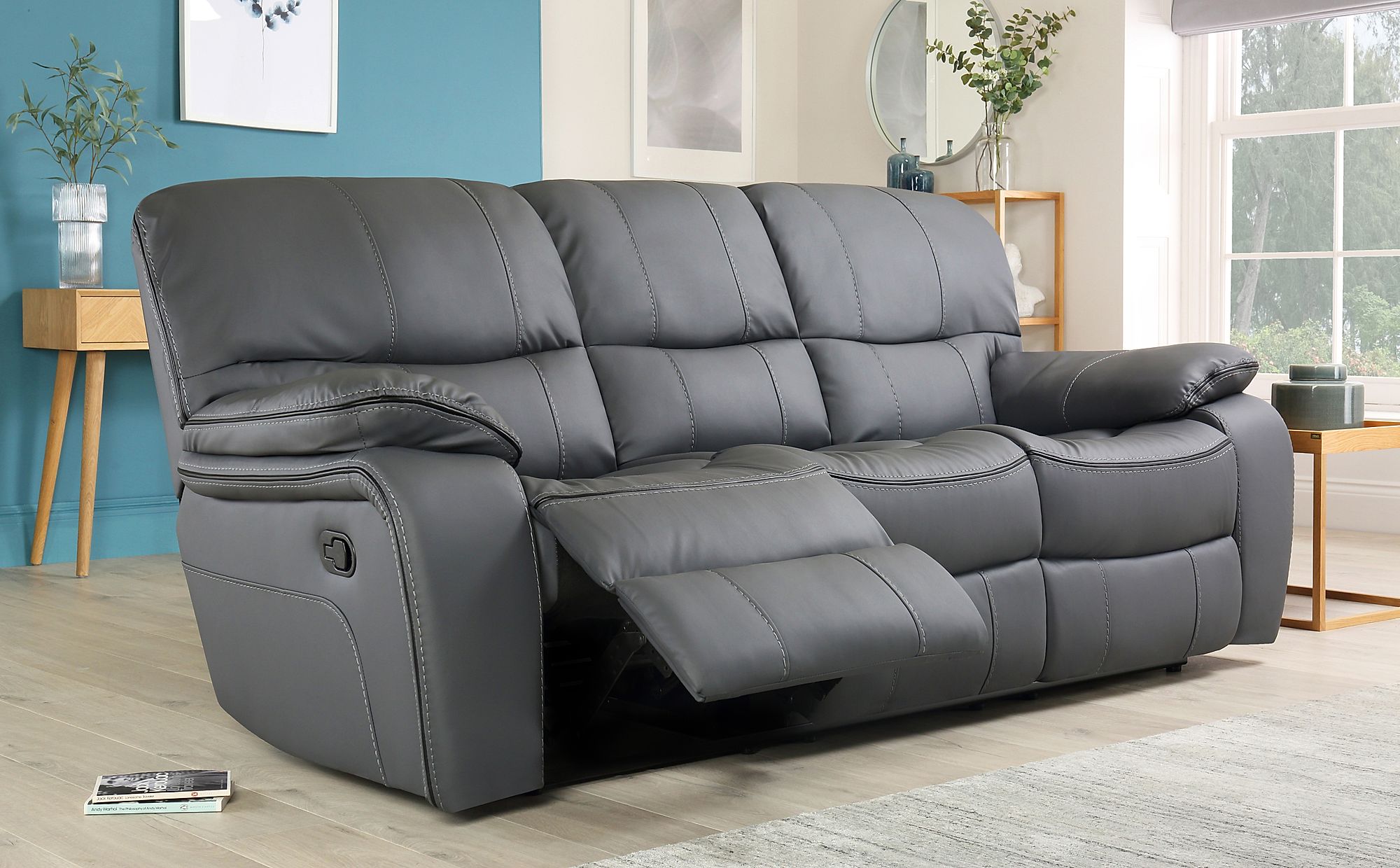 Beaumont Grey Leather 3 Seater Recliner Sofa Furniture