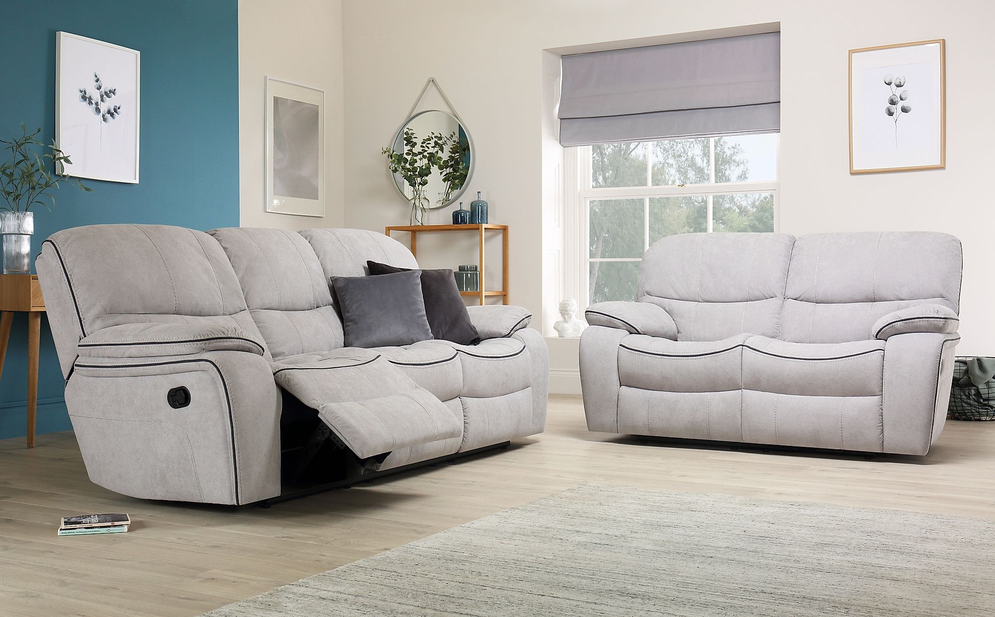 Beaumont Dove Grey Plush Fabric 3+2 Seater Recliner Sofa Set ...