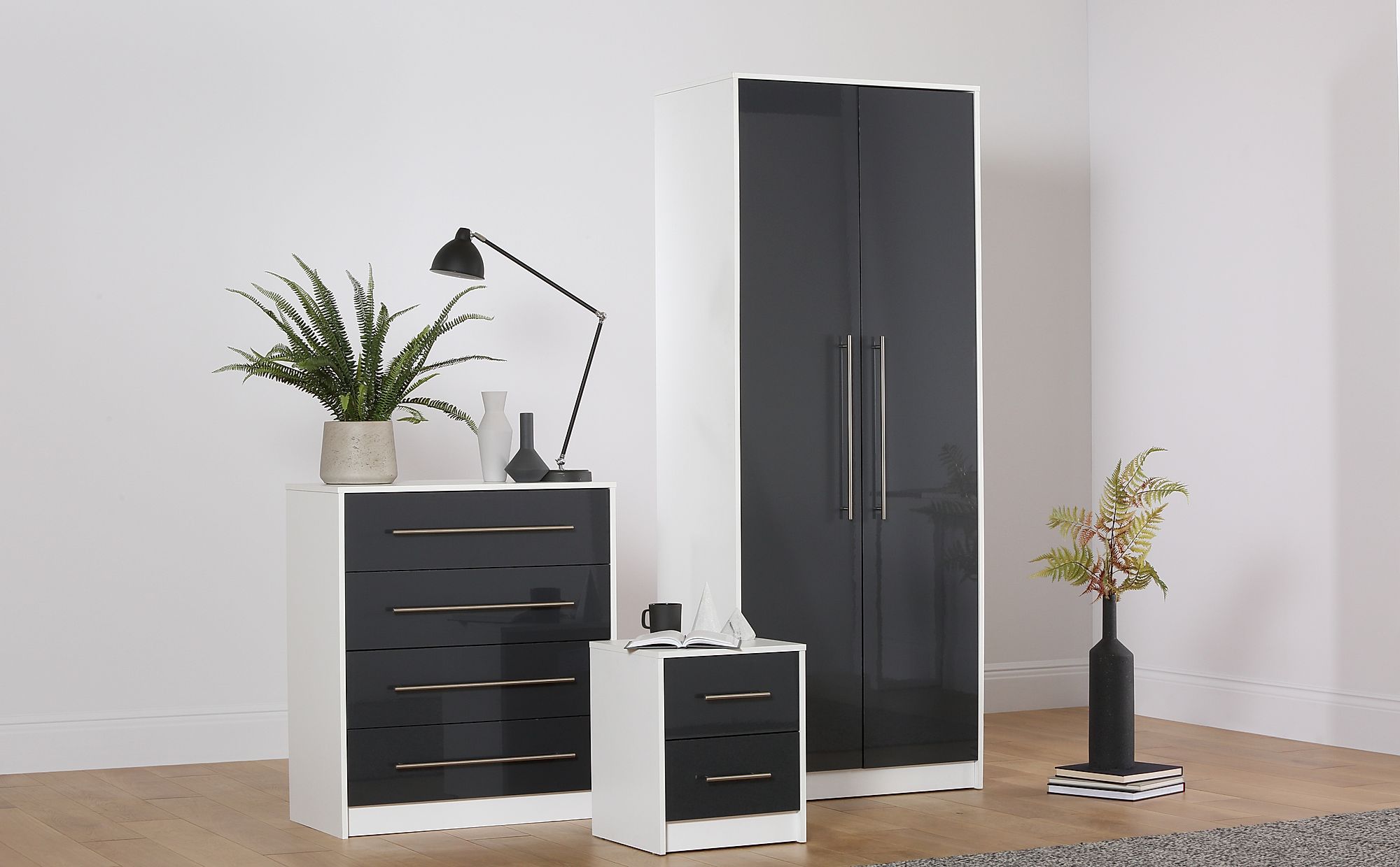 Bloomsbury White Grey High Gloss 3 Piece 2 Door Wardrobe Bedroom Furniture Set