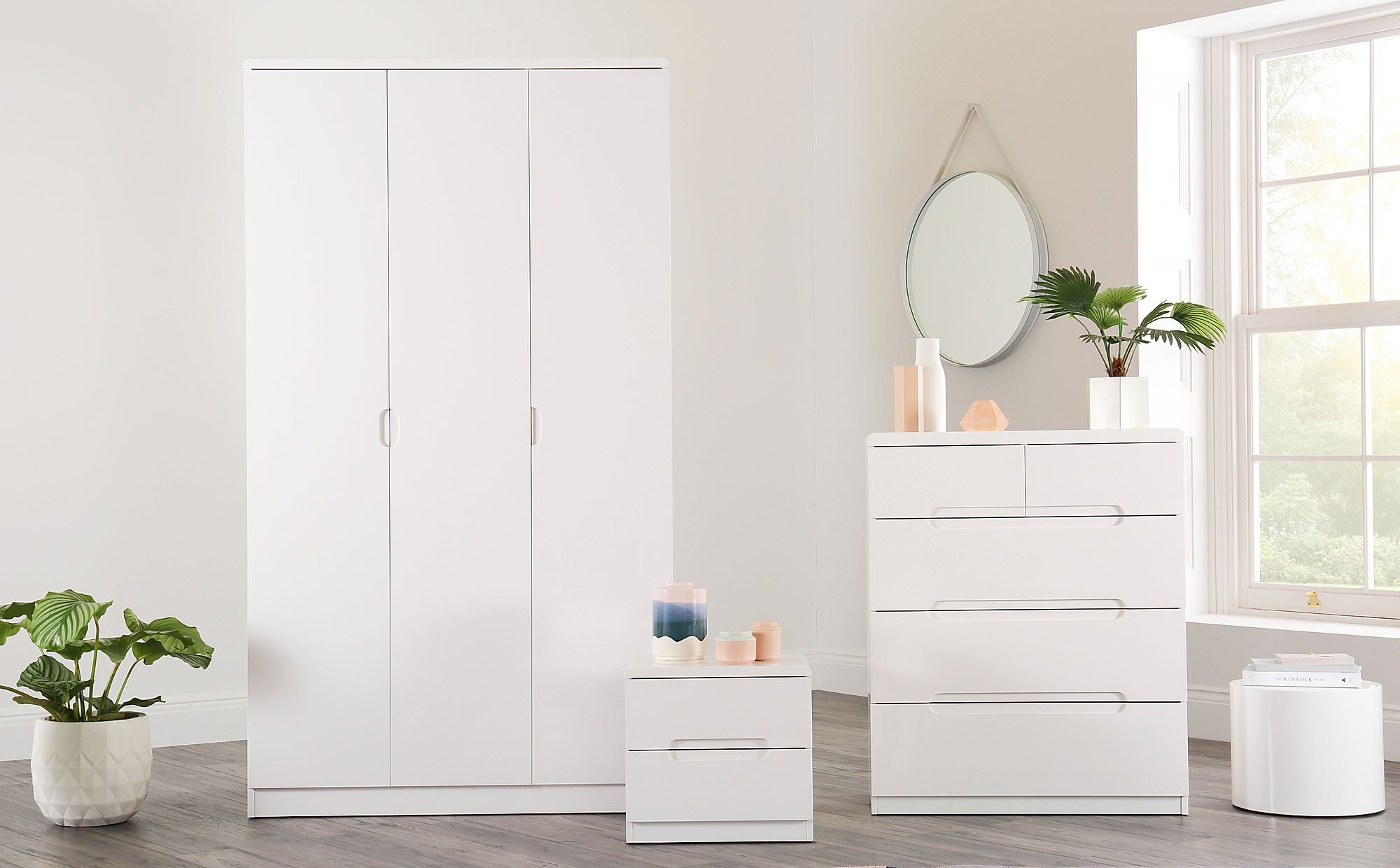 Serene White High Gloss 3 Piece 3 Door Wardrobe Bedroom Furniture Set