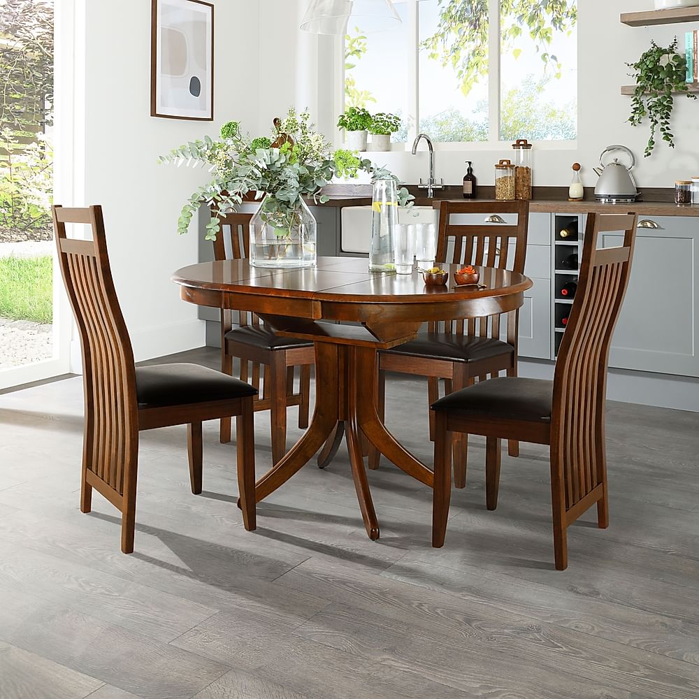 Hudson Round Extending Dining Table & 6 Java Chairs, Dark Solid Hardwood, Brown Classic Faux Leather, 90-120cm