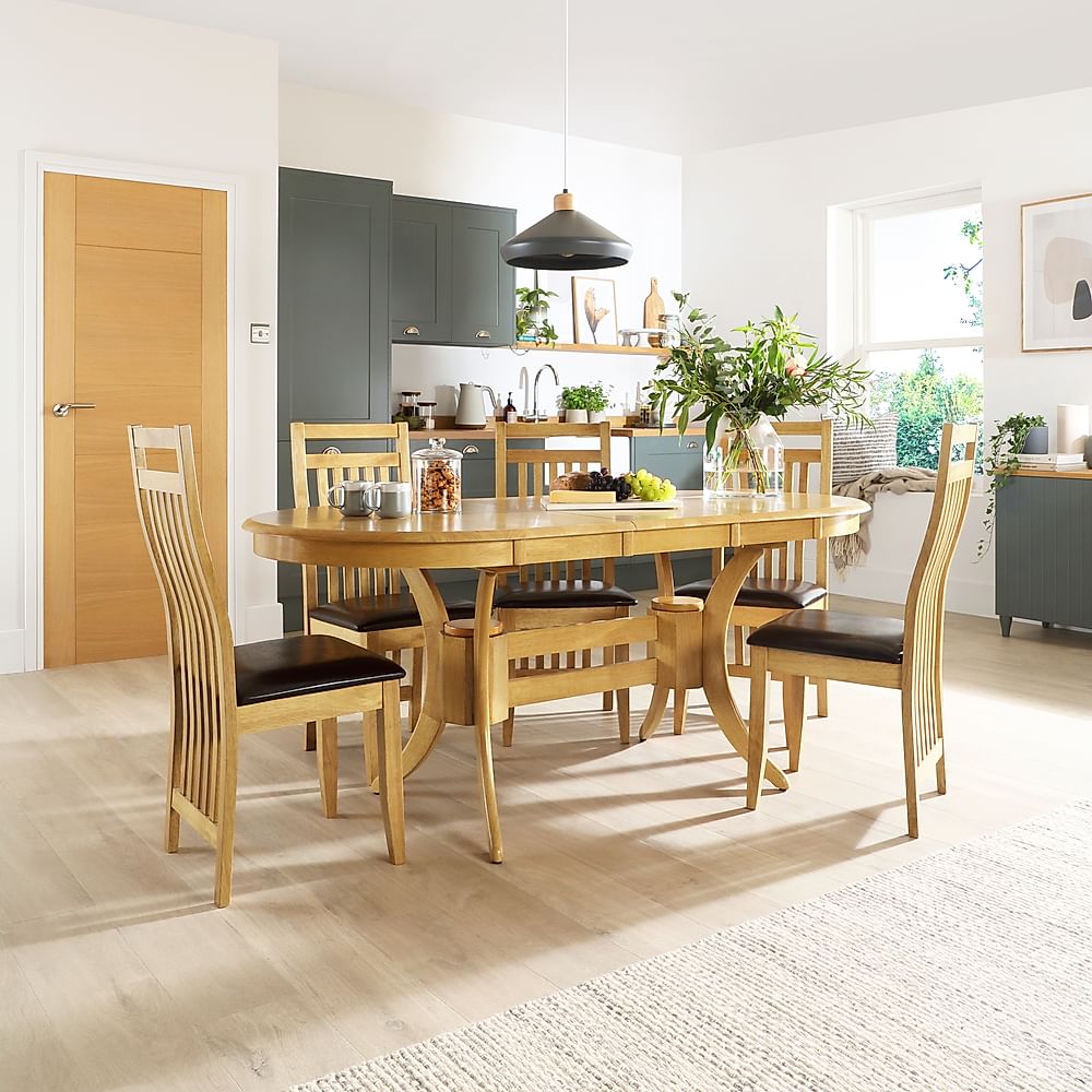 Townhouse Oval Extending Dining Table & 6 Bali Chairs, Natural Oak Finished Solid Hardwood, Brown Classic Faux Leather, 150-180cm