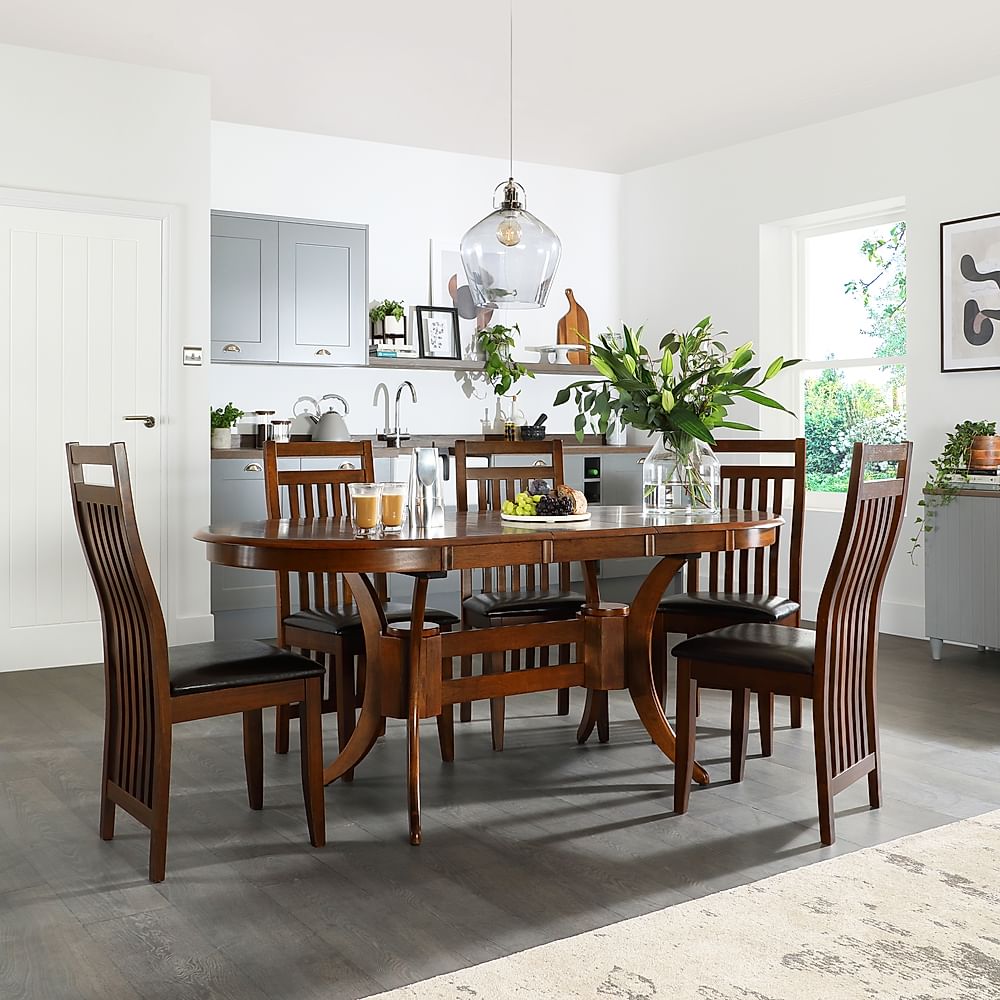 Townhouse Oval Extending Dining Table & 4 Java Chairs, Dark Solid Hardwood, Brown Classic Faux Leather, 150-180cm