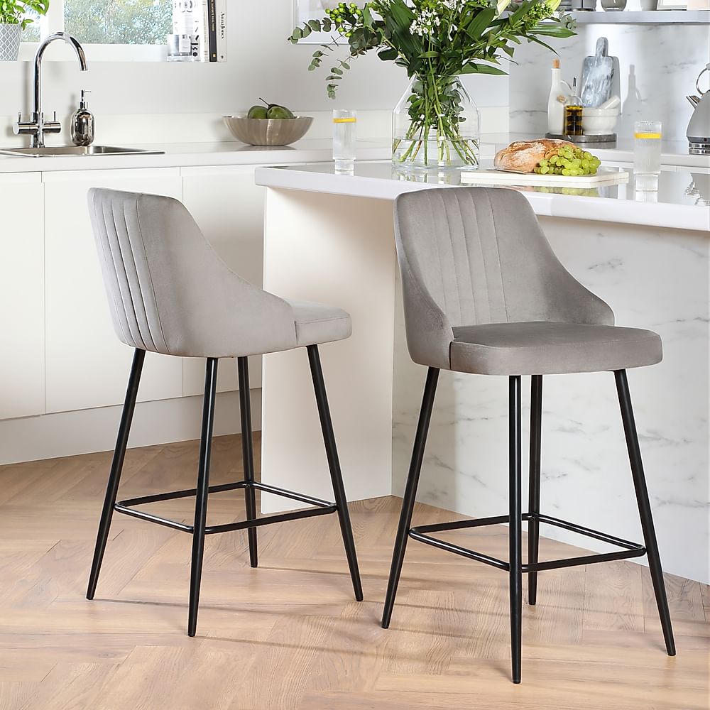 Lisbon Bar Stool, Grey Classic Velvet & Black Steel