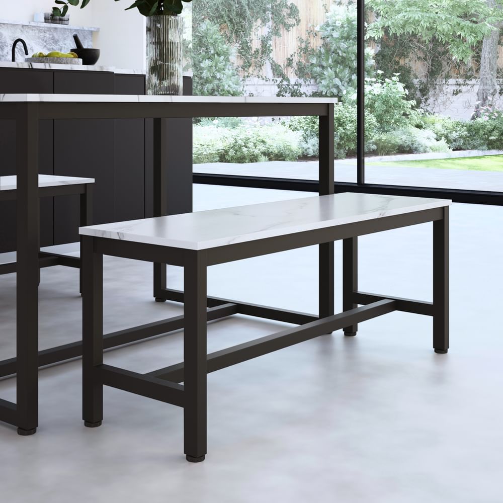 Avenue Dining Bench, White Marble Effect & Black Steel