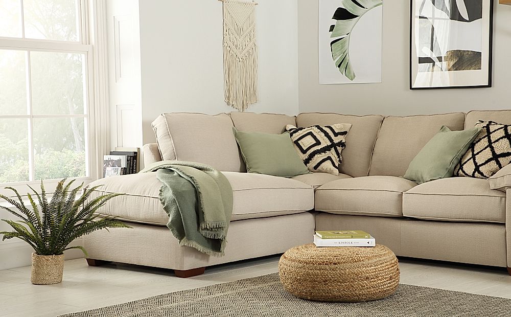 Cassie Linen Fabric L Shape Corner Sofa, Cream Corner Sofa Living Room Ideas