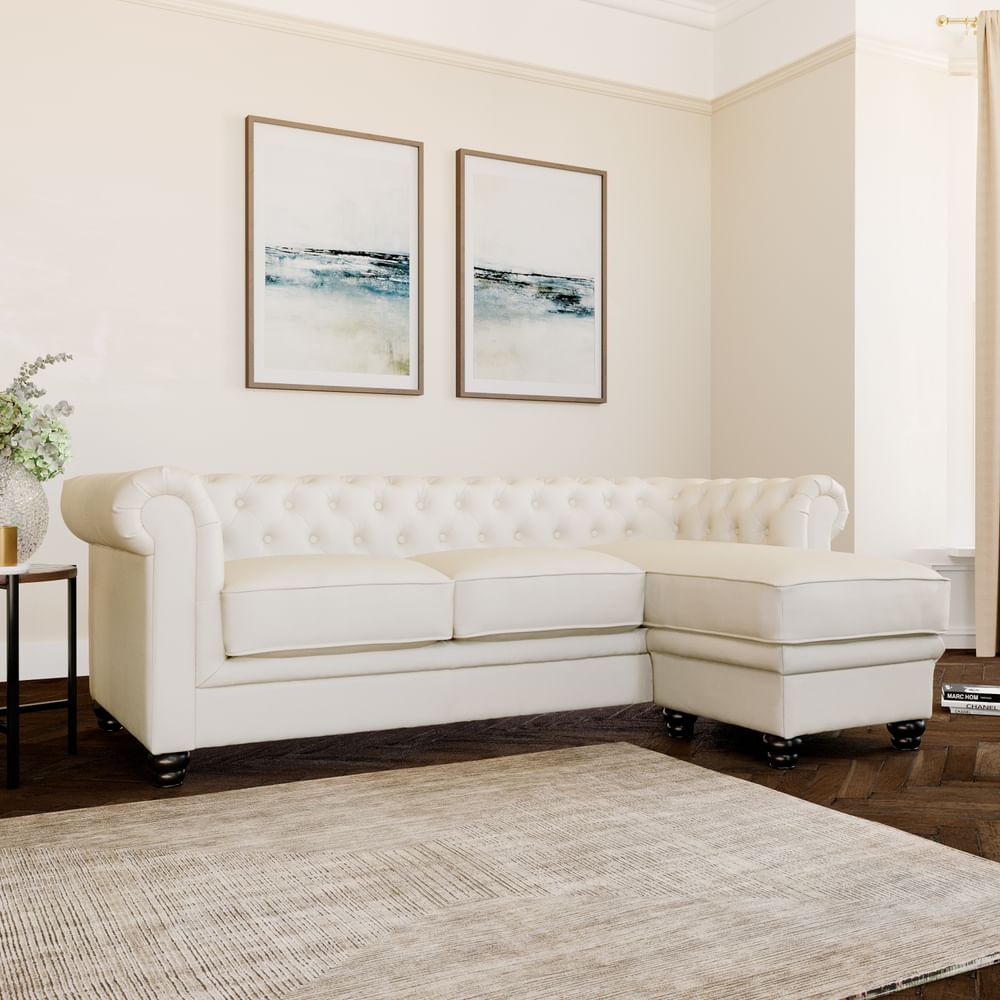 Hampton Chesterfield L-Shape Corner Sofa, Ivory Classic Faux Leather