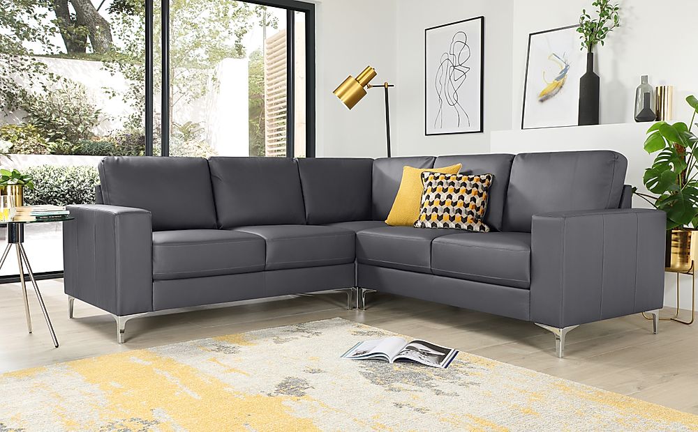 Baltimore Grey Leather Corner Sofa, Contemporary Grey Leather Sofa