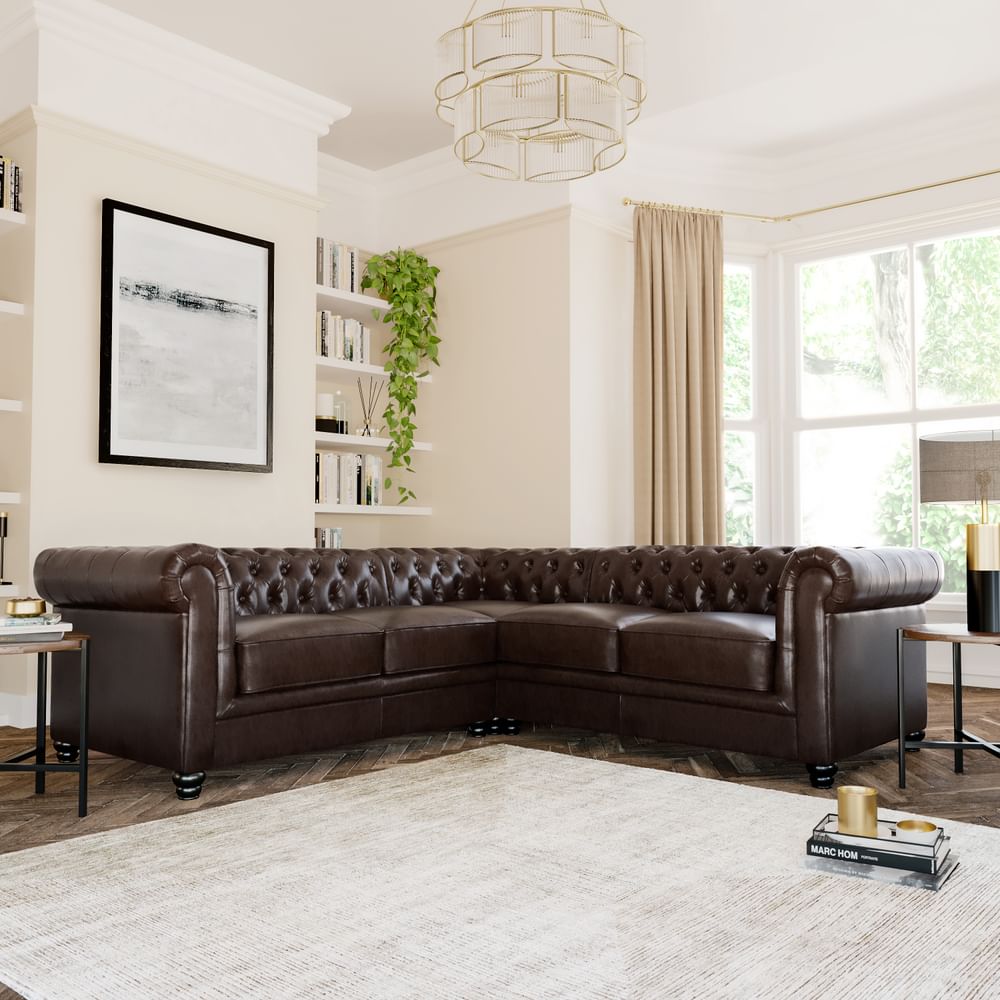 Hampton Chesterfield Corner Sofa, Antique Chestnut Classic Faux Leather