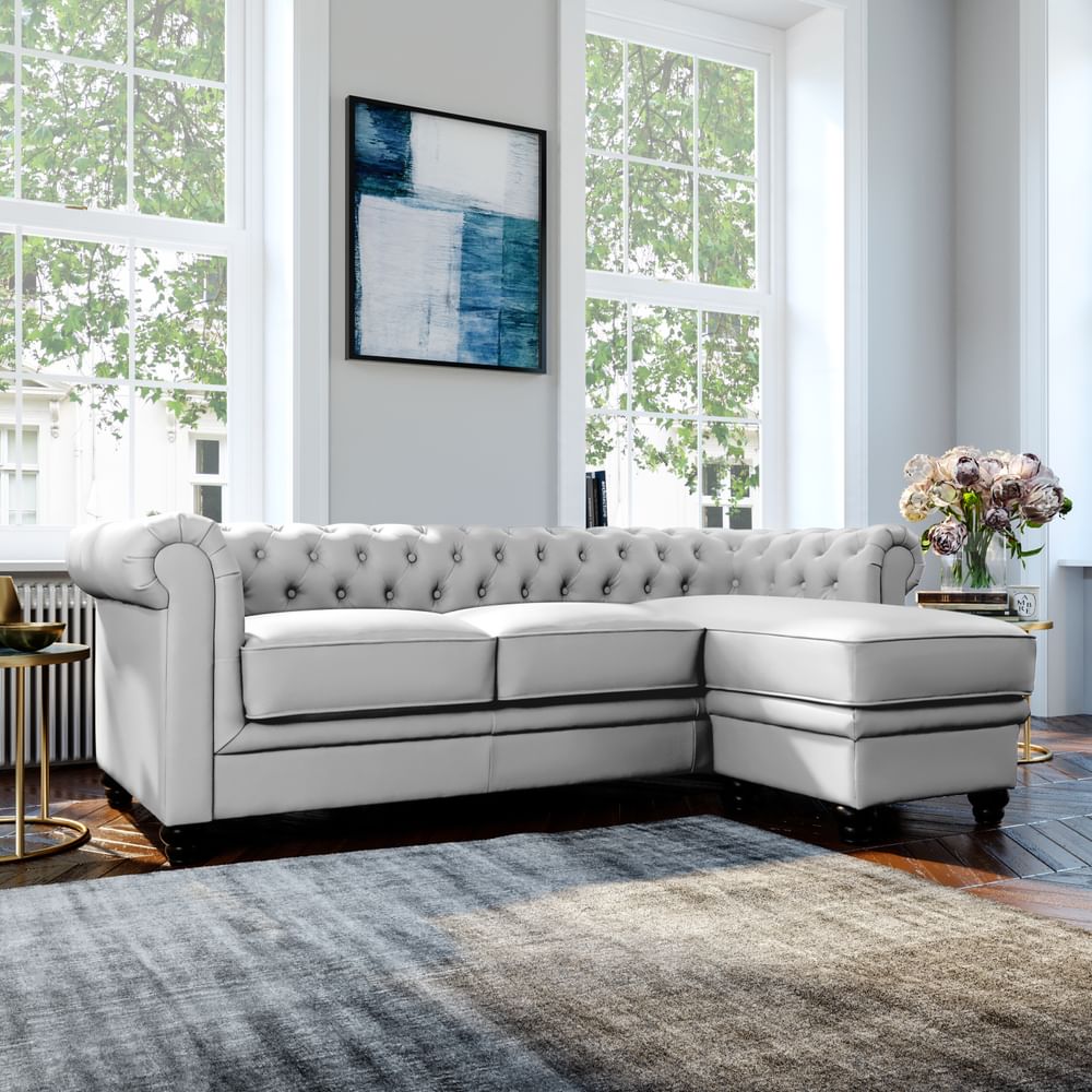 Hampton Chesterfield L-Shape Corner Sofa, Light Grey Classic Faux Leather