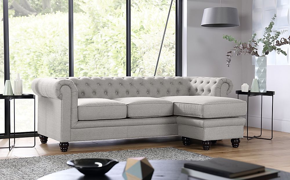 Hampton Chesterfield L-Shape Corner Sofa, Light Grey Classic Linen-Weave Fabric